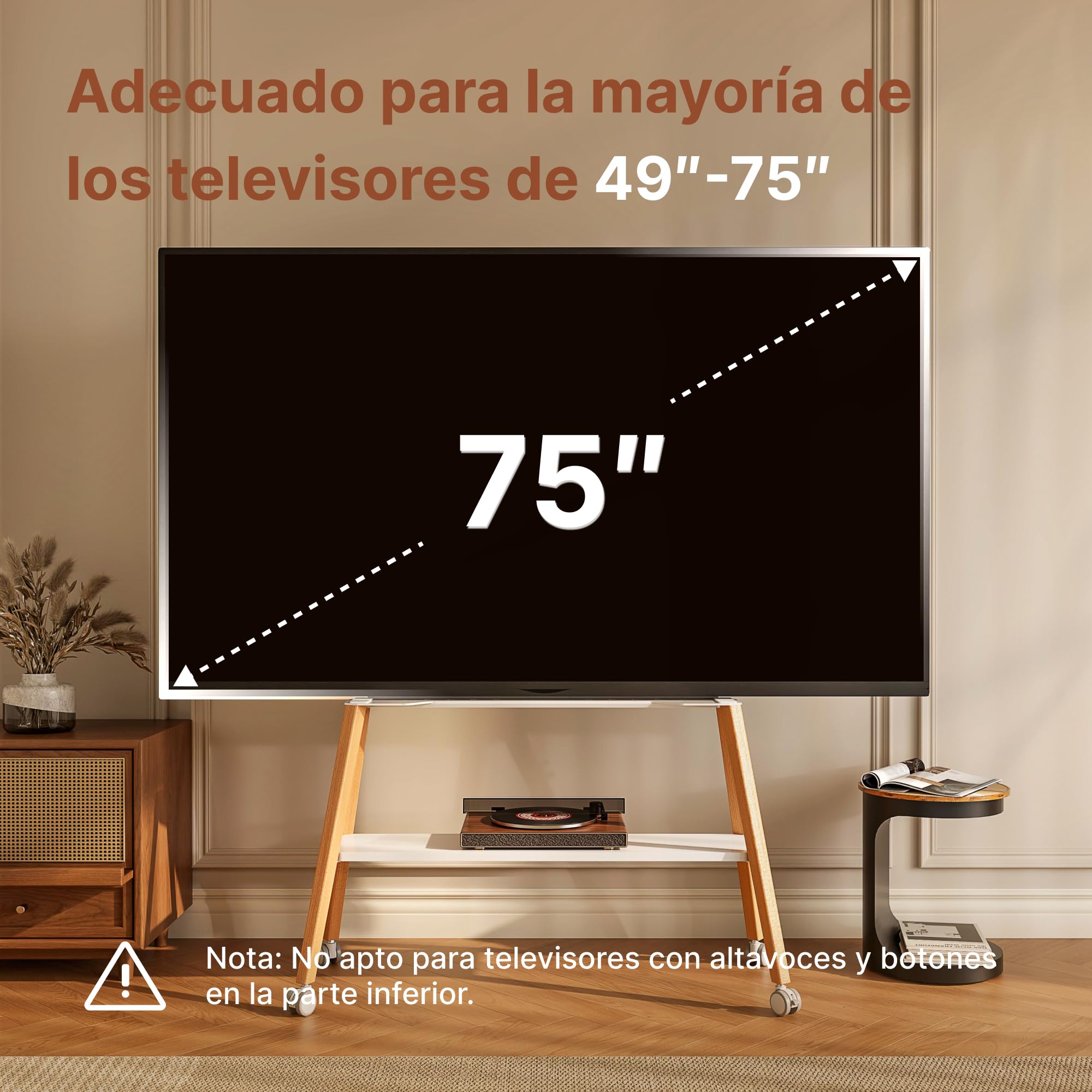 Soporte para TV con Ruedas para televisores de 49 a 75 Pulgadas | hasta 40 kg, diseño de caballete con estructura metálica y estante de madera, soporte de TV móvil con ruedas para tienda