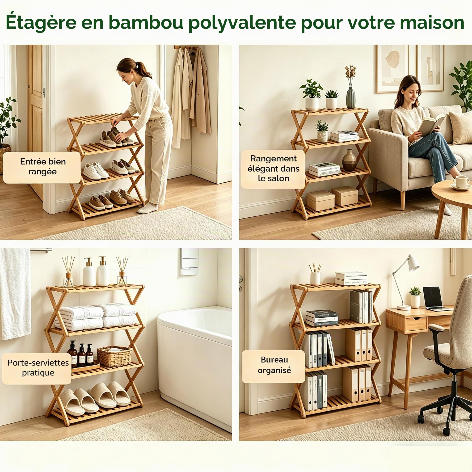 Meuble à Chaussures en Bambou à 4 Niveaux – Pliable, Gain de Place, Aucun Montage requis – Étagère à Chaussures en Bois pour couloirs, entrées, Chambres et Salons