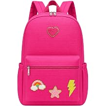 Preppy Backpack for Girls Back to School Gift School Book Backpack with Rainbow Chenille PatchesFuchsia