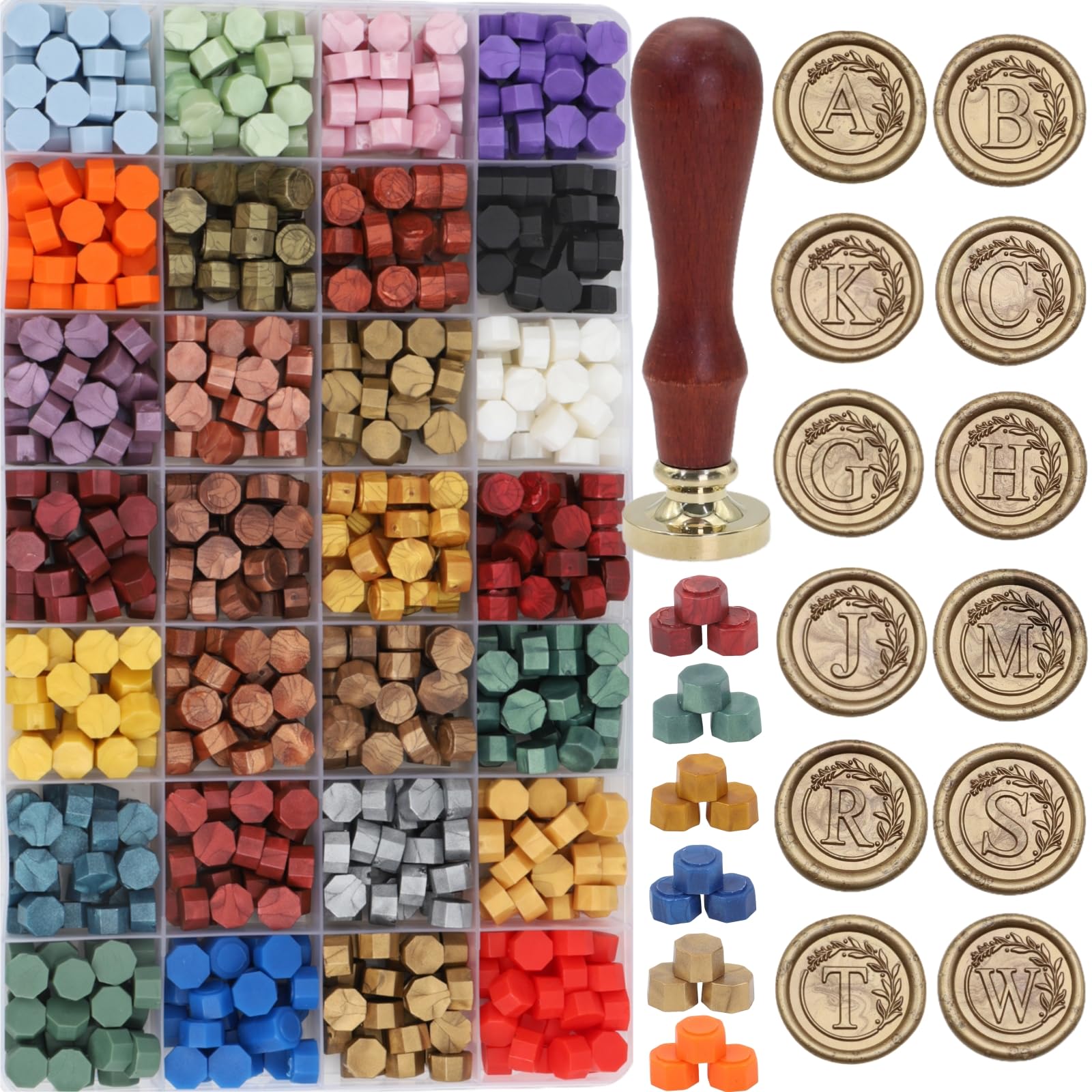 Kit di 732 timbri per ceralacca con scaldacera elettrico, timbro per sigillo con lettera dell'alfabeto A, perline in 28 colori assortiti, cucchiaio, kit di ceralacca (A)