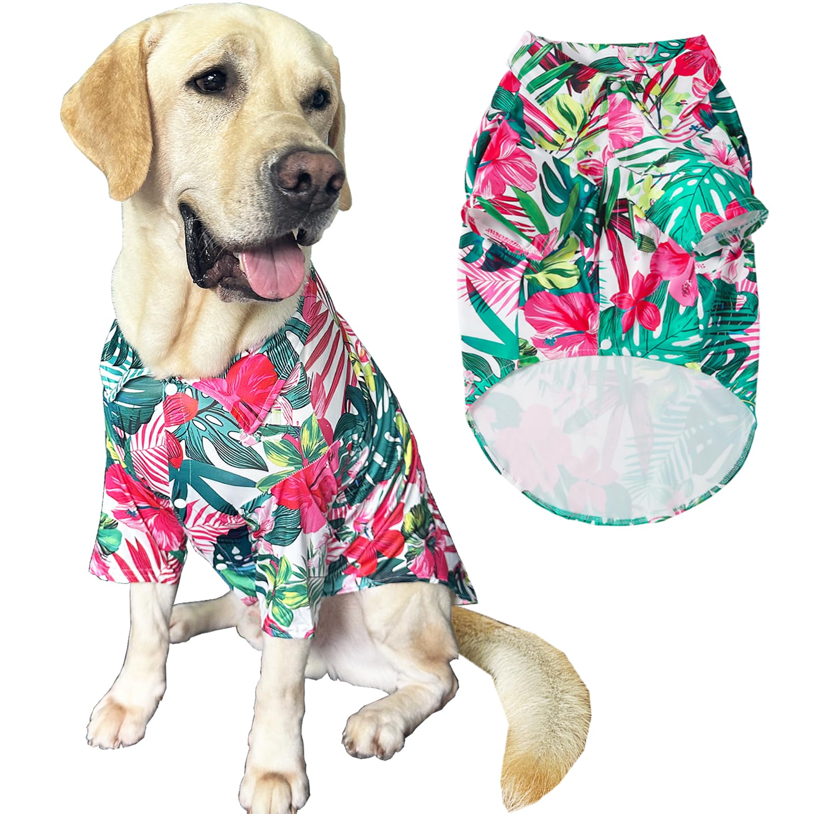 Dog Shirt, Hawaiian Summer Colorful Printed Pet Clothing Breathable and Cool Beach Style Big Dog Boy and Girl Shirt (Large, Flower)