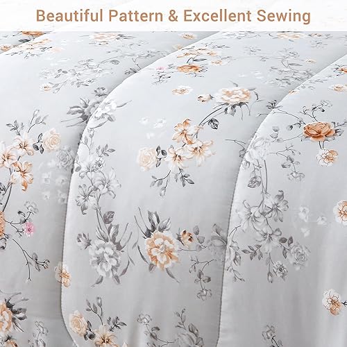 Miniatura 3 de Juego de edredón Queen con estampado floral y sábanas, juego de edredón ligero de 7 piezas en una bolsa, juego de ropa de cama tamaño Queen, gris y