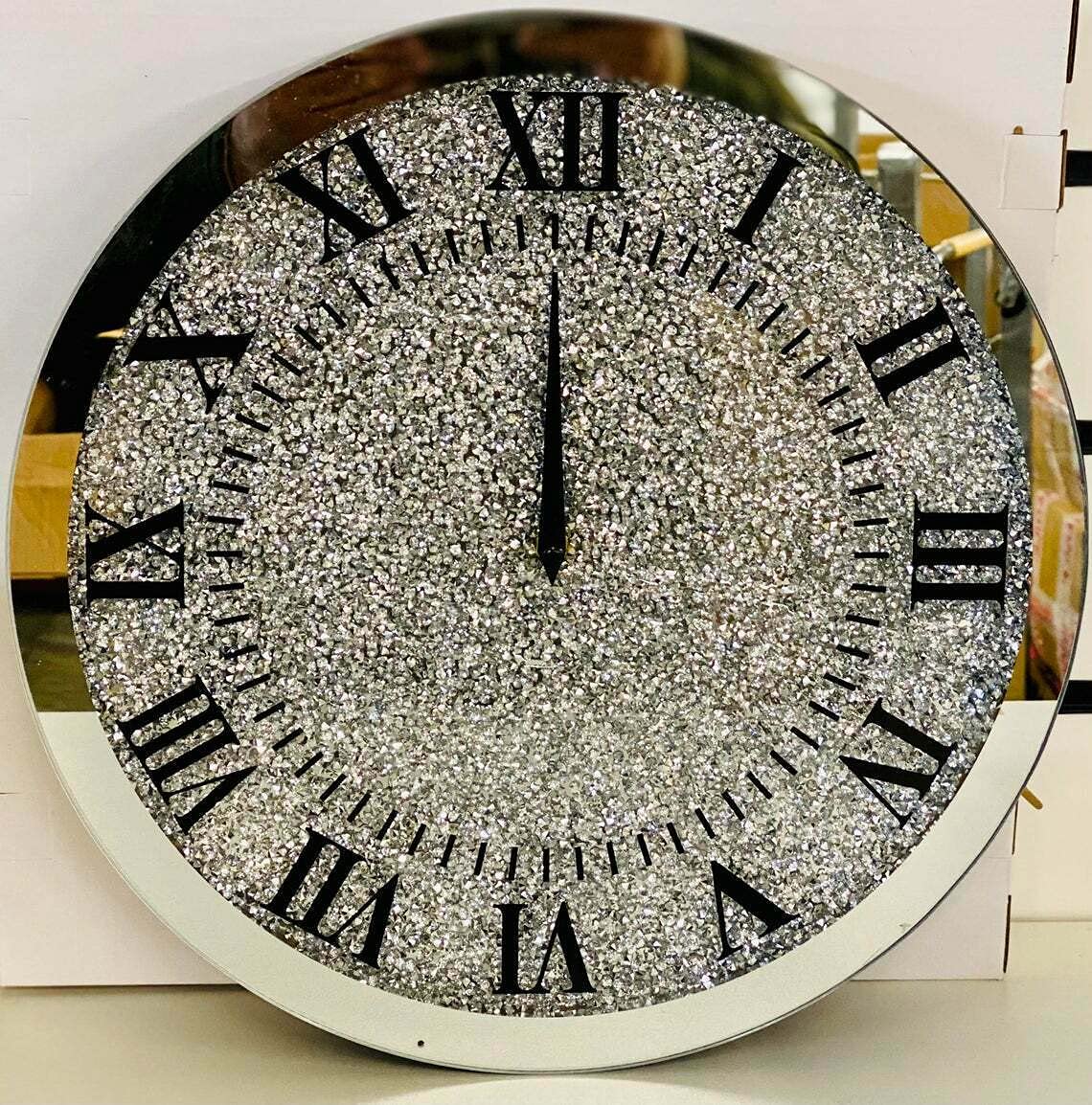 Biznest Silver With Glass Top Round Crushed Jewel Crystal Wall Clock Roman Number Glass Diamante Mirror Round Clock (35X35cm)