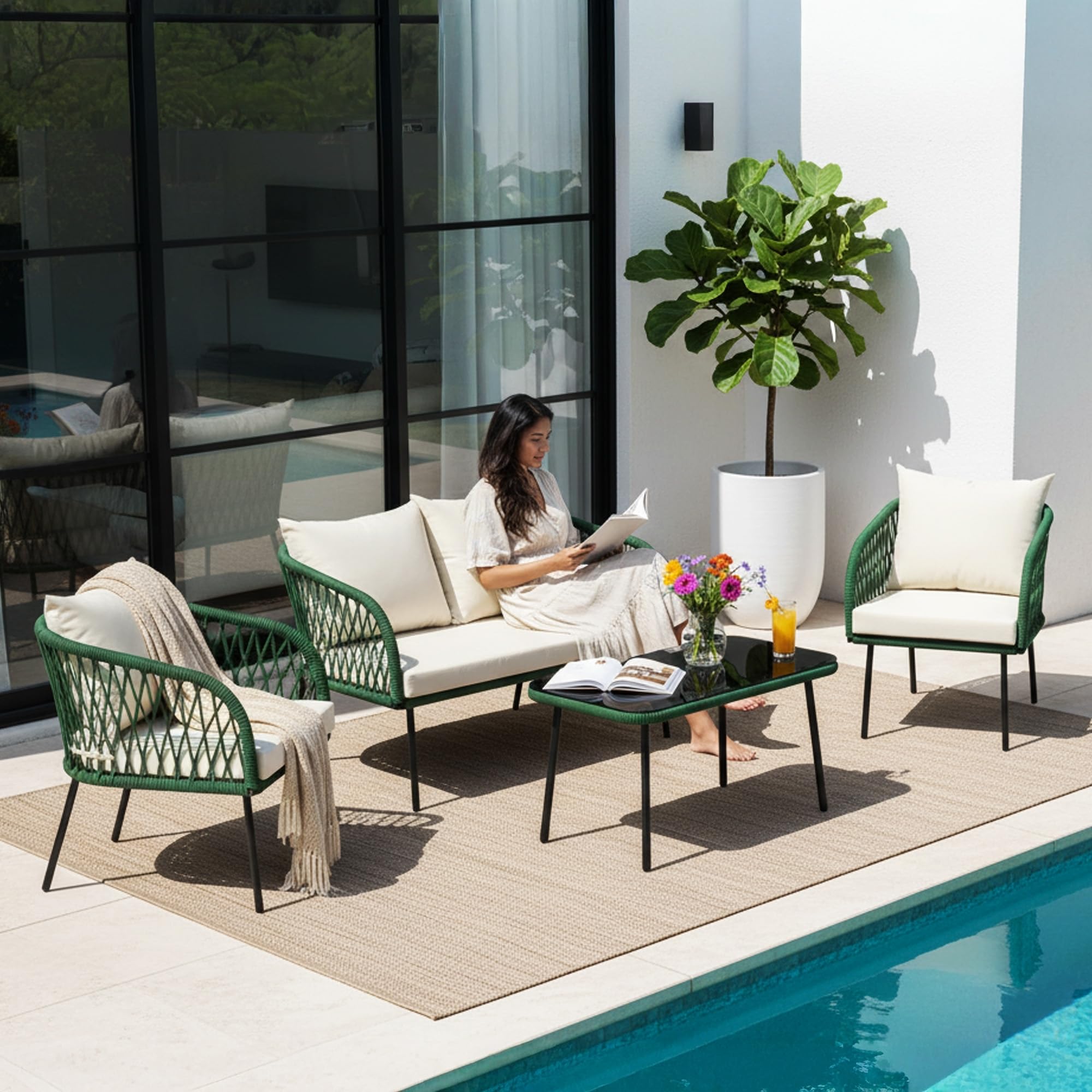 DEVOKO Outdoor Rope 4-Seater Sofa Set with Glass Top Table & Water-Repellent Cushions, Durable Metal Frame, Handwoven Rope Furniture Perfect for Garden, Patio, Pool Deck & Balcony(Green & Off-White)-image-38