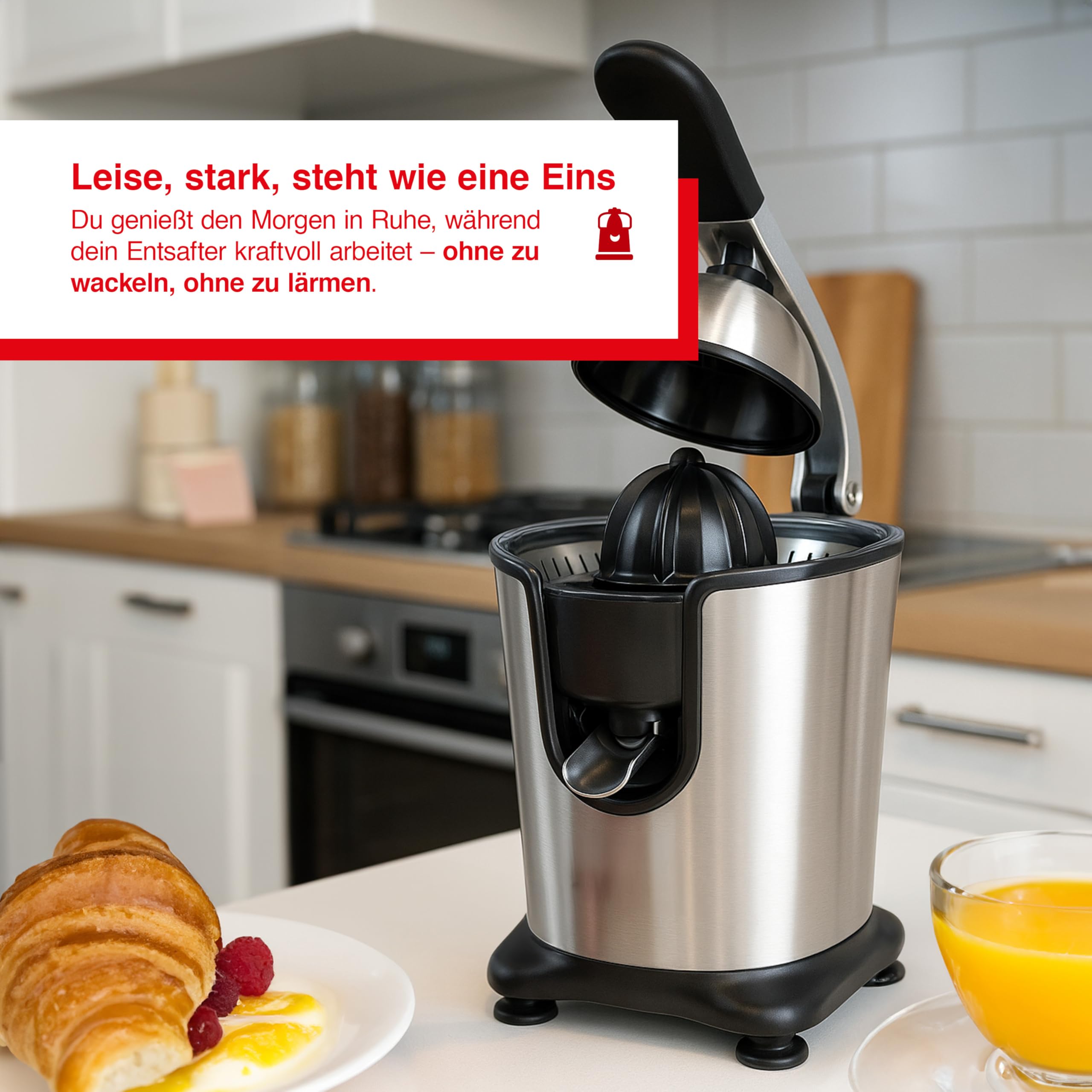Solis Citrus Juicer 8453 Zitruspresse Elektrisch - Zitronenpresse - Orangenpresse - Einfache Startautomatik - Leiser Motor - Saftpresse Elektrisch aus Edelstahl - 160 Watt | Metall-Pressarm, Startautomatik, Anti-Tropf, spülmaschinenfest, für Orangen, Zitr