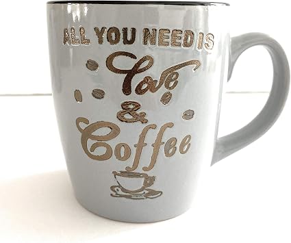 All You Need Is Love & Coffee Glazed Metallic Ceramic Sentiment Coffee /Tea Beverage Mug 14 ounce Cup Gray Gift Bundle with Coffee theme Kitchen Towel TM