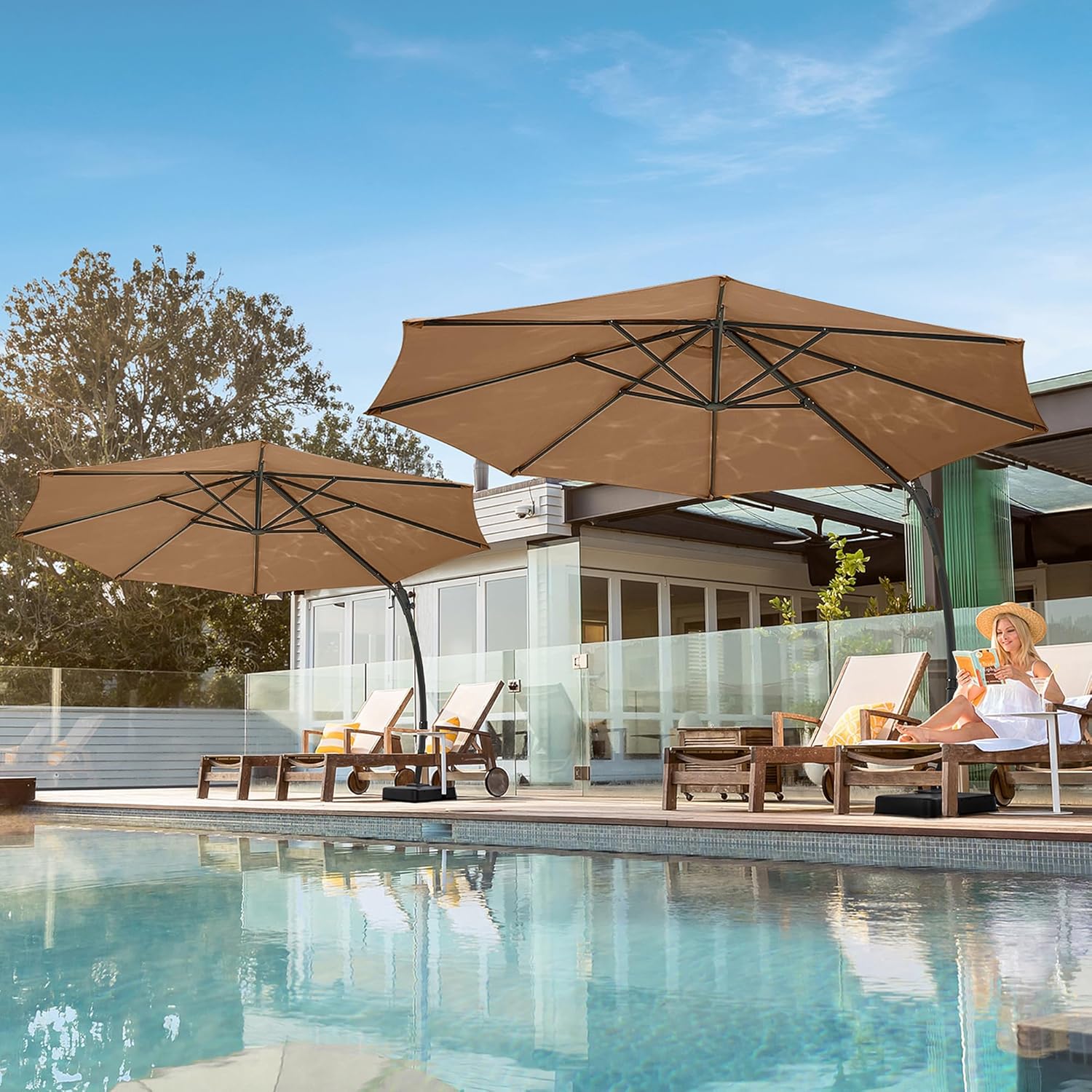LAUSAINT HOME 11FT Cantilever Patio Umbrella with Base, 360° Rotation Offset Hanging Umbrella, Heavy Duty Curvy Outdoor Umbrella for Backyard, Poolside, Garden （Tan）