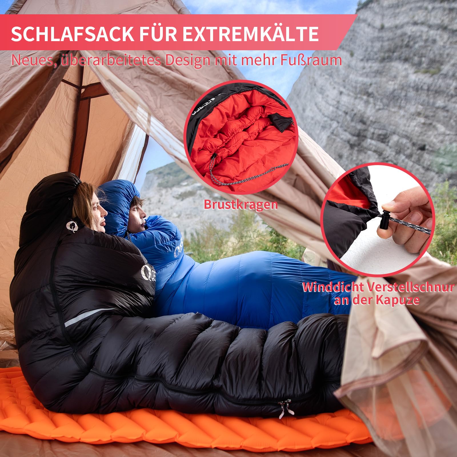 Daunenschlafsack, 4-Jahreszeiten-Schlafsack, Winterschlafsack -3°C bis -20°C Geeignet für Camping, Wandern und Outdoor-Camping für Erwachsene und Kinder