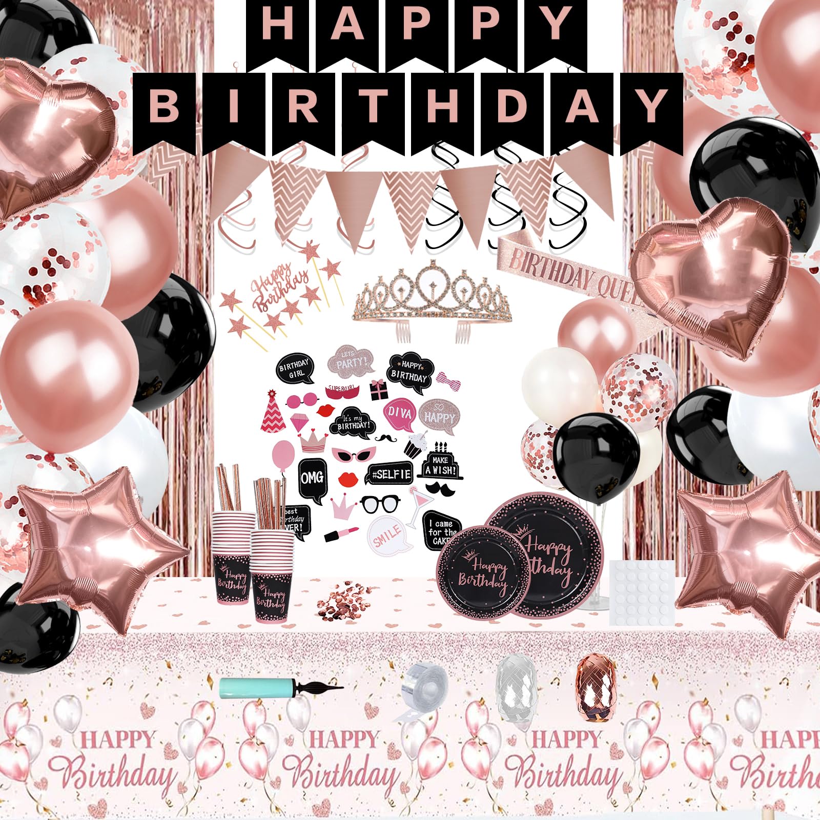 236Pcs Rose Gold and Black Birthday Decorations For Women, Party Decorations for Women,Party Decoration Supplies,Balloons, Sash, Tiara, Banner, Fringe Curtain, Photo Booth Props for 25 Guests