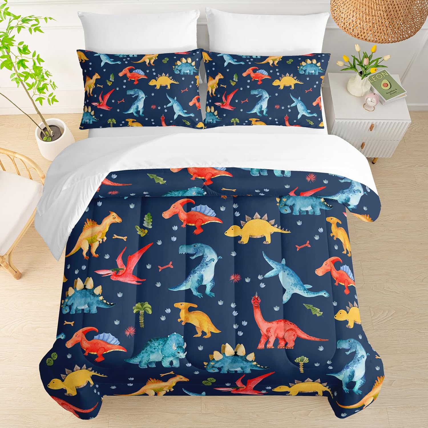 QOOMO 7 Pieces Cartoon Dinosaur Kids Comforter Set Twin Size Cute Dino Printed Bedding Set for Boys Girls Bedroom Decor Dark Blue Dinosaur 7pcs Bed in a Bag with Comforter, Sheets and Pillowcases