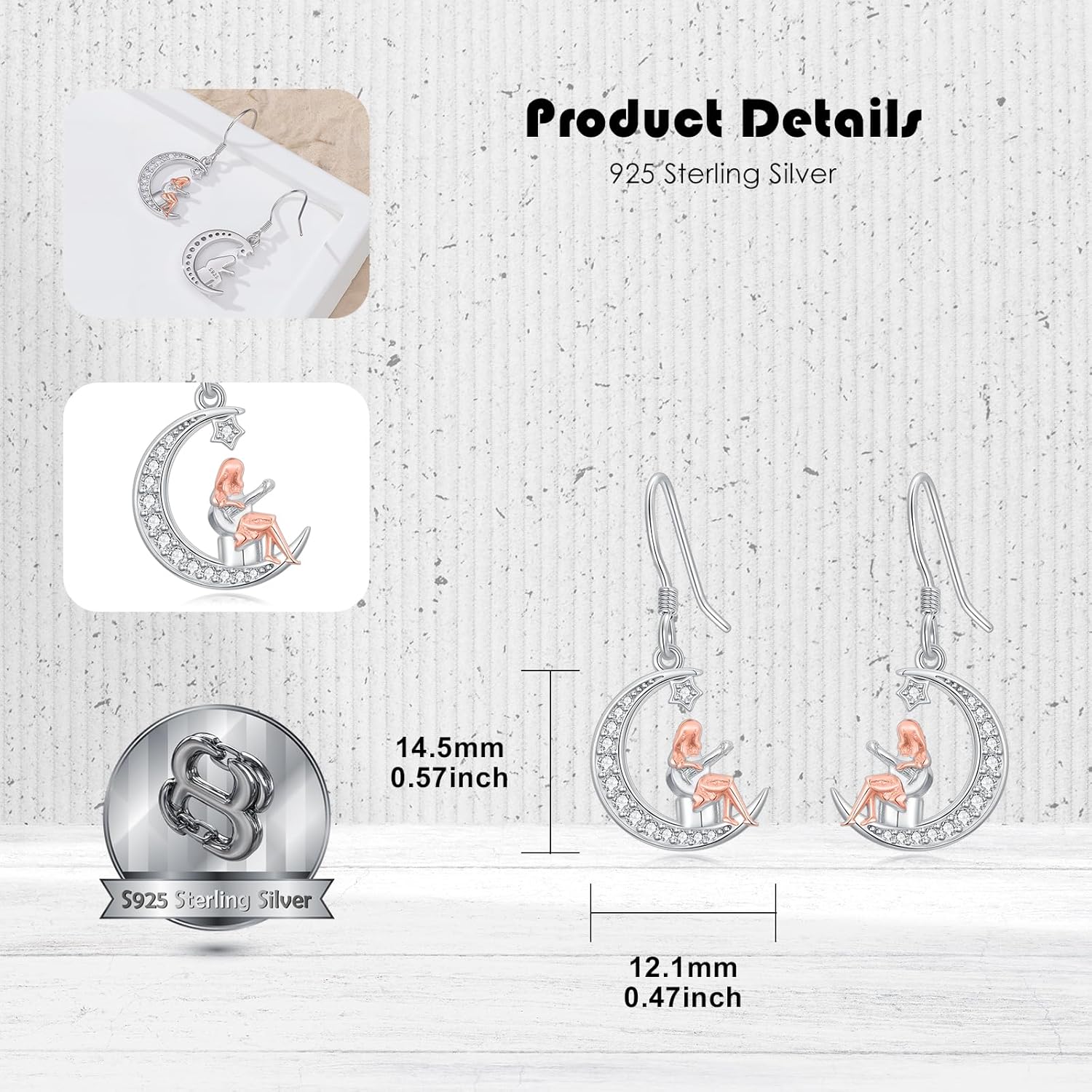 PROESS Art Music Dangle Earrings 925 Sterling Silver Moon Guitar/Flute/Painting Drop Earrings for Women Artist Musician