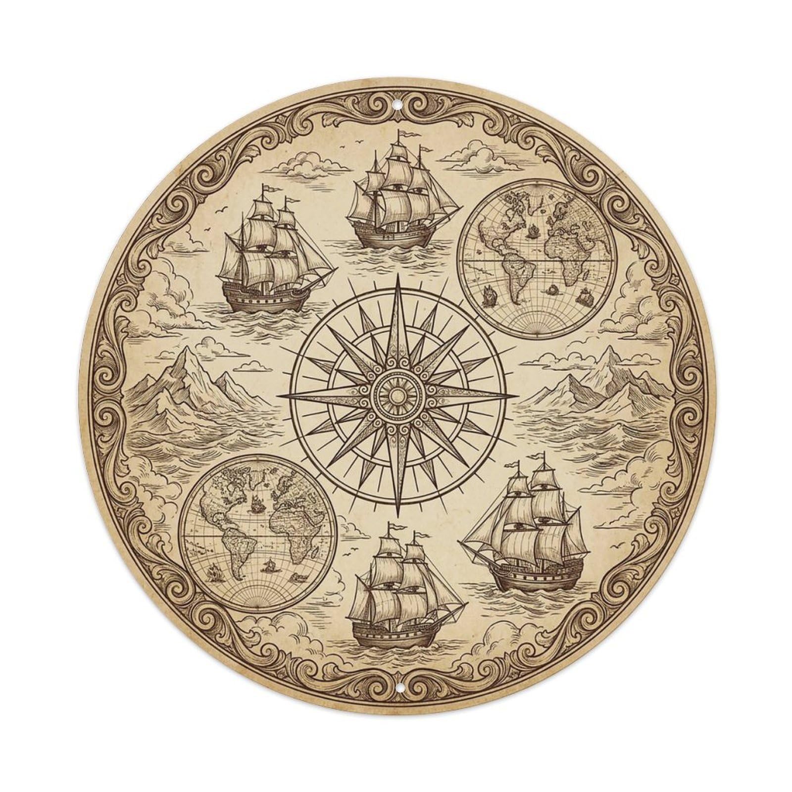 Vintage Nautical Compass World Map Berth Heritage Metal Tin Sign