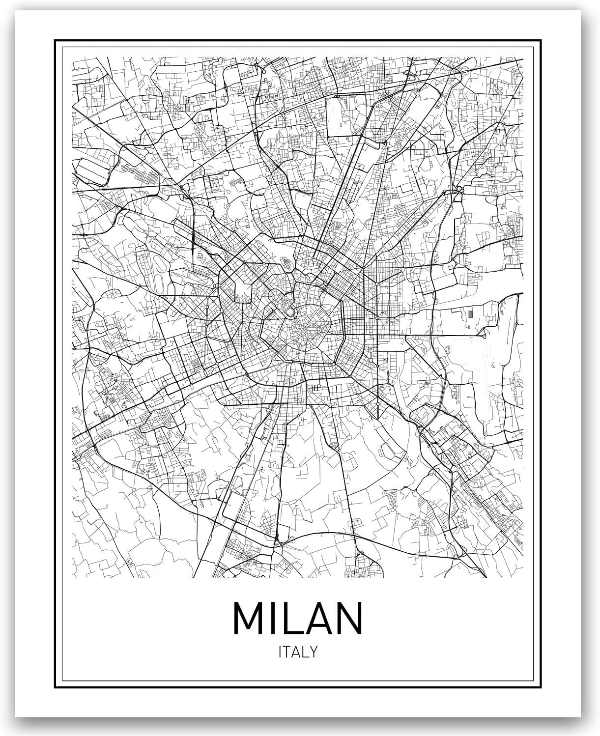 Milan Poster Milan Map Milan Art Map of Milan City Map Posters Milan Map Art Italy Poster Italy Map City Prints City Poster Italy Wall Art Modern Map Art Black and White 8x10