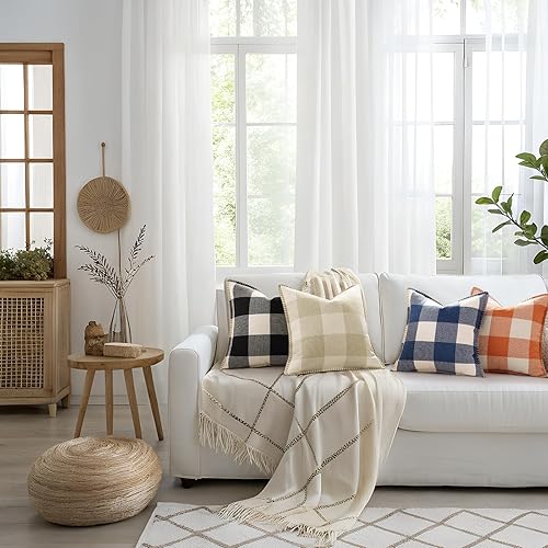 Miniatura 8 de Juego de 2 fundas de almohada de lana cuadriculada con borde recortado para decoración del hogar, cama, sofá, 18 x 18 pulgadas, blanco y negro.