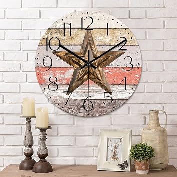 Retro Farmhouse Wall Clock Western Texas Star Retro Rustic Style Wood Clock Quiet Non-Ticking Battery Operated Wooden Desk Clock for Living Room Kitchen Patio Home Decor 15 Inch