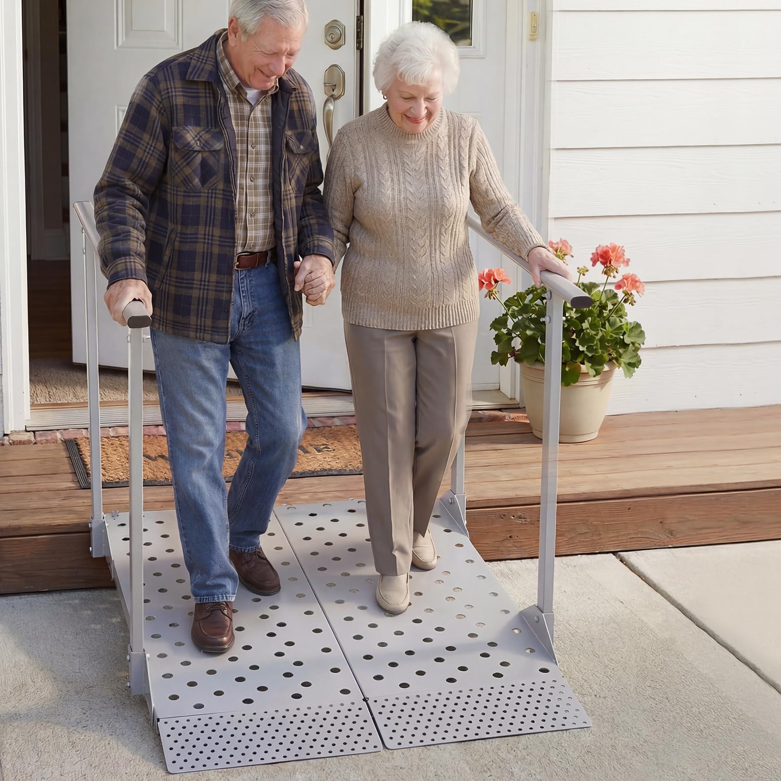VEVOR Rampa para Silla de Ruedas con Pasamanos 1140 x 850 mm, Rampa de Umbral de Acier au CarboneAntideslizante, Capacidad de 199,6 kg para Escalones, Puertas, Bordillos, Scooters, Uso Residencial
