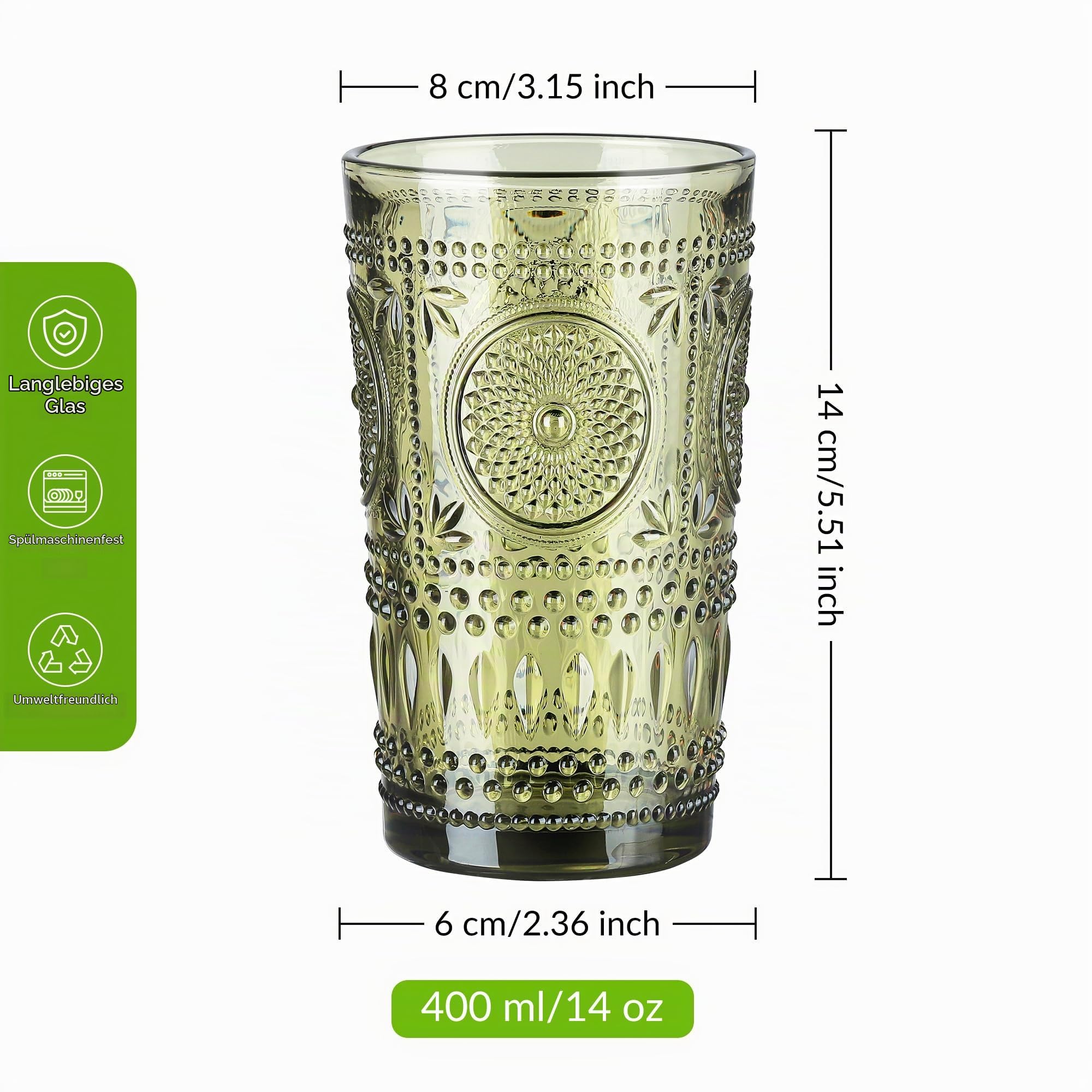 Joeyan 400ml Trinkgläser Set Bunt,Grün Wassergläser Retro,Spülmaschinenfest
