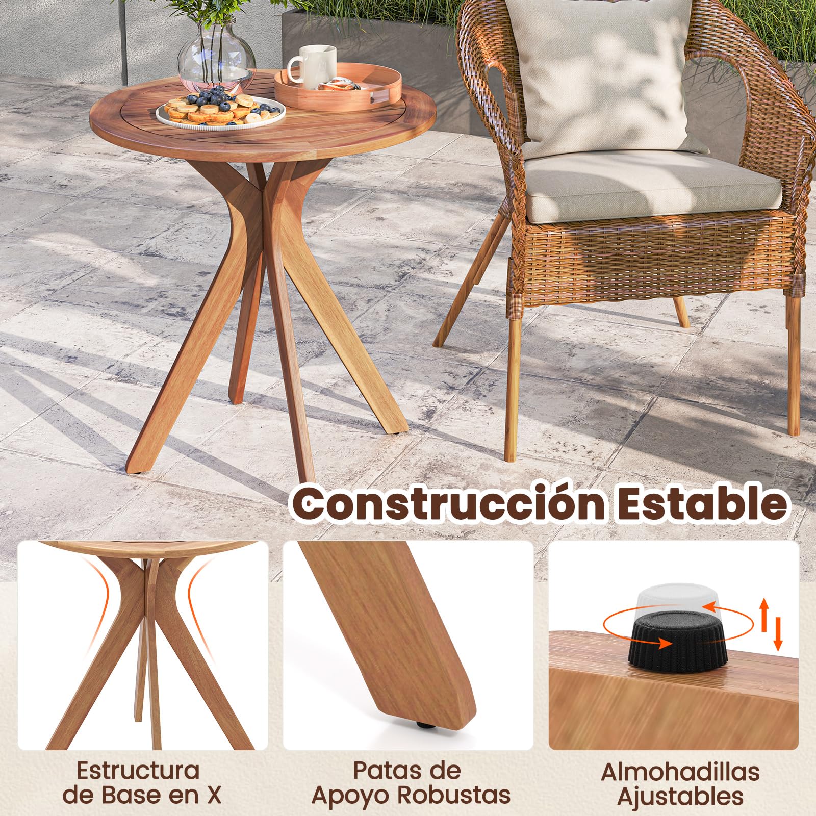 COSTWAY Mesa Auxiliar de Madera para Patio, Mesa de Jardín Redonda de 70 cm con Base de X, Mesa Auxiliar de Café para Jardín, Patio, Sala de Estar