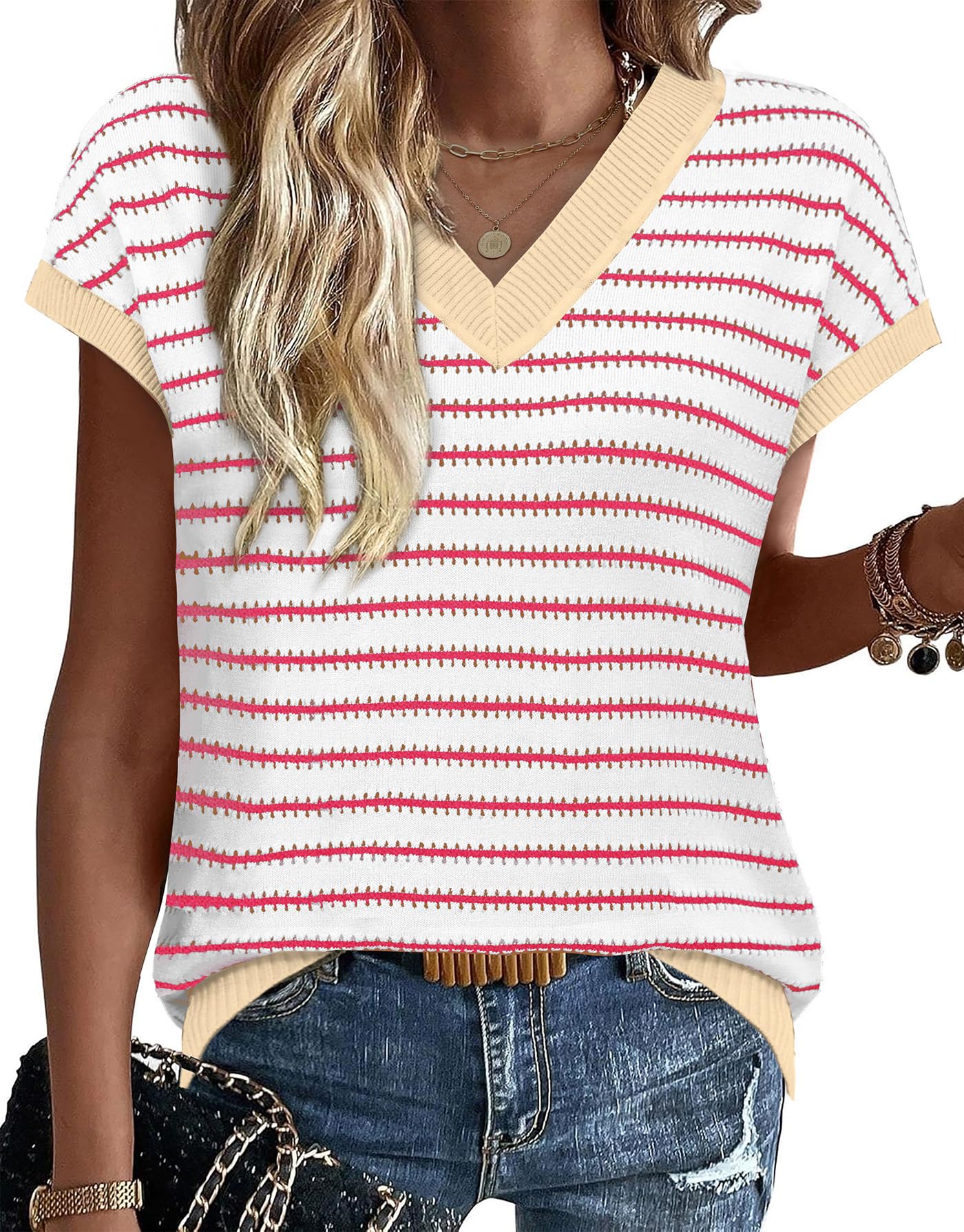 WIHOLL Womens Short Sleeve Sweater V Neck Cute Tops Trendy Spring Summer Striped Pullover Crochet Sweater Vest