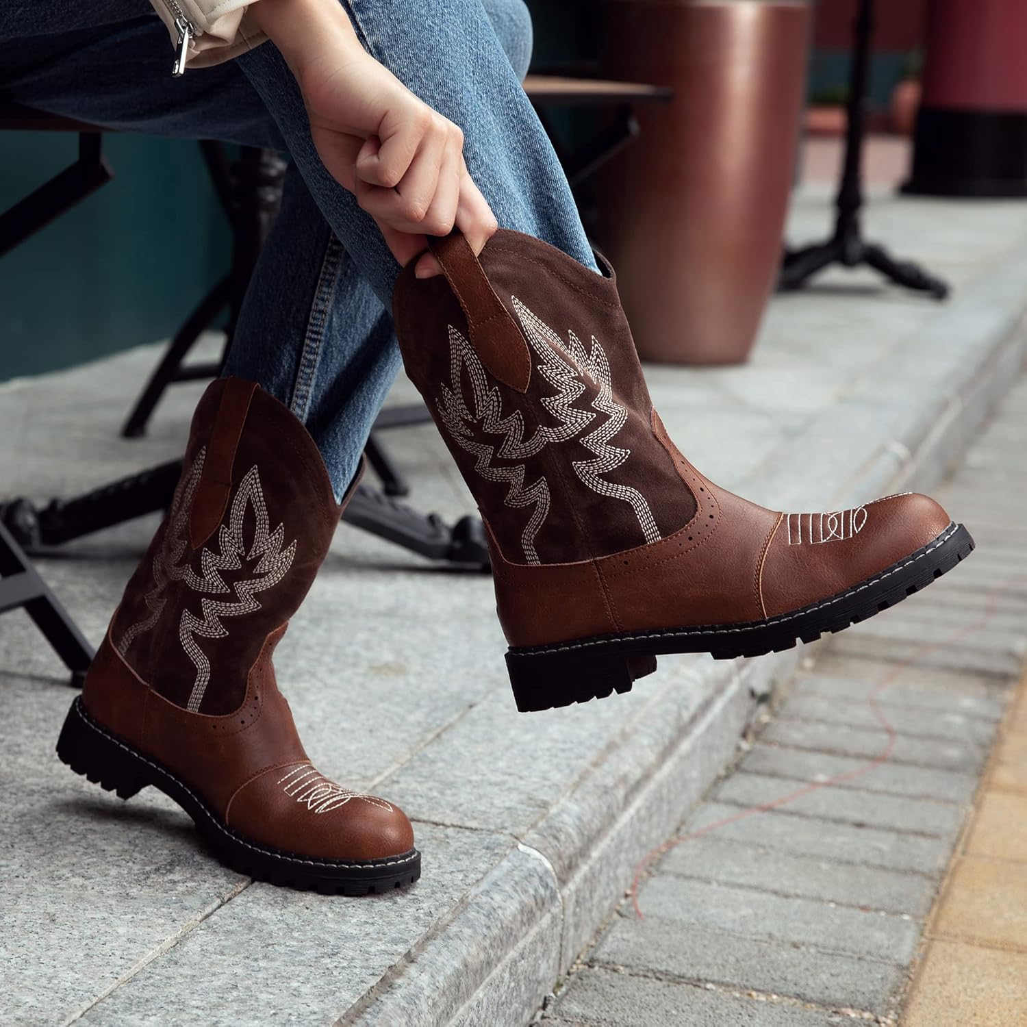 Hawkwell Women's Mid Calf Western Cowboy Cowgirl Boot Round Toe Embroidered Fashion Boots - Image 2