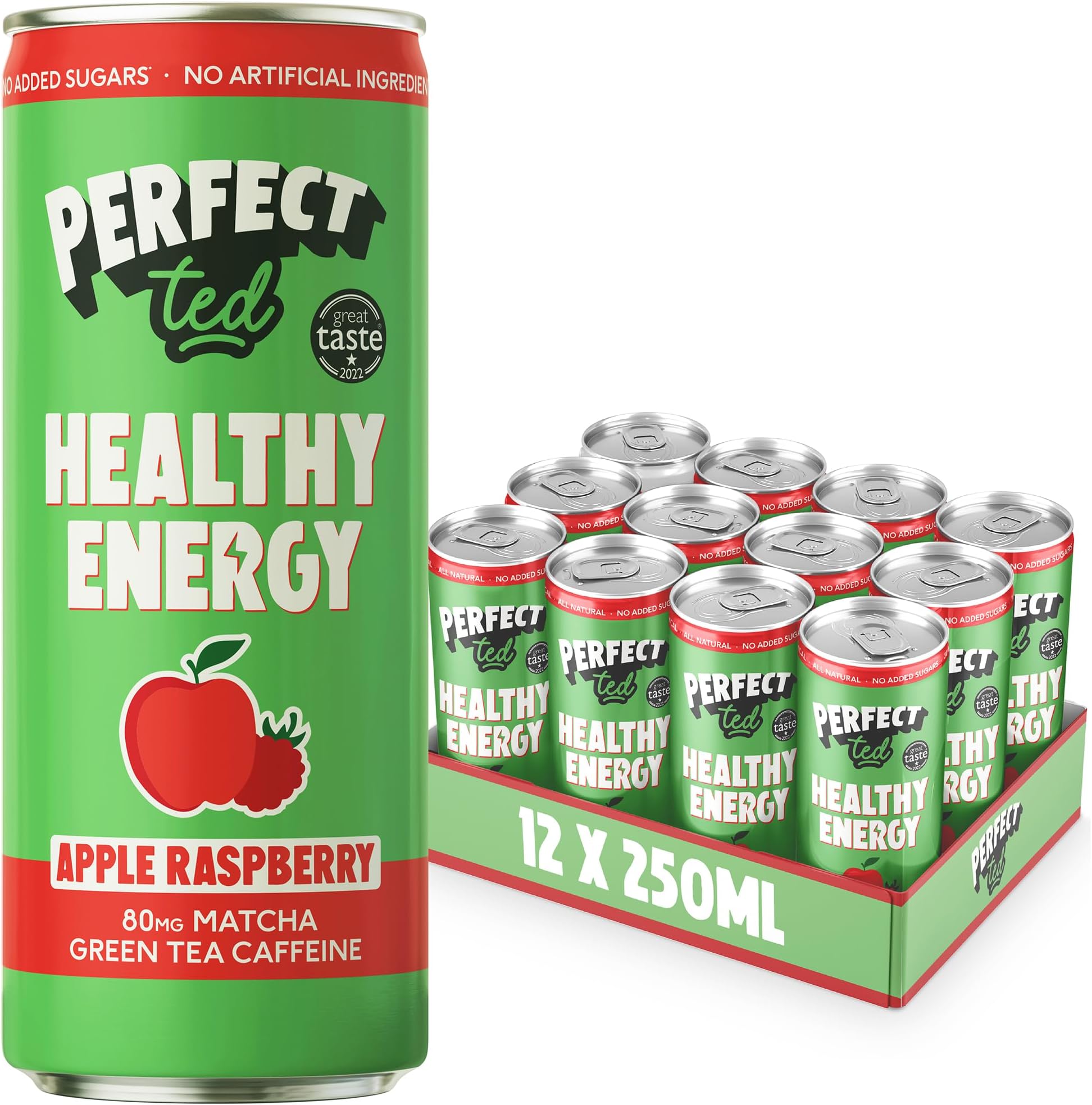 PerfectTed Apple Raspberry Healthy Energy Drink, 12 x 250ml Cans, All-Natural Green Tea Caffeine (80mg) & L-Theanine | Low Calorie (30KCAL) | Vegan | Gluten-Free