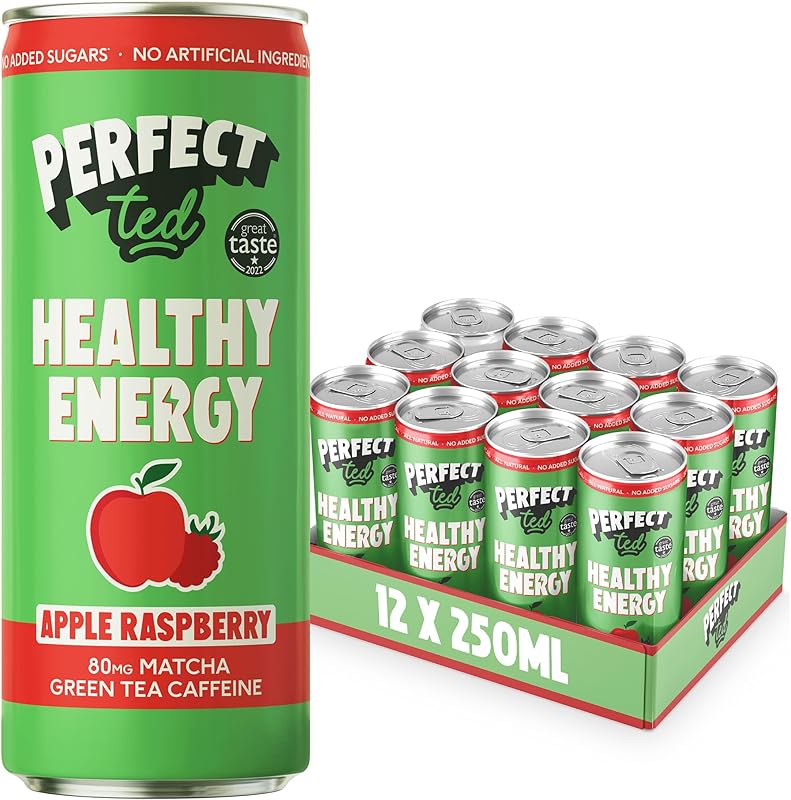 PerfectTed Pomme Framboise Boisson Énergisante Saine, 12 Canettes de 250 ml, Caféine de Thé Vert (80