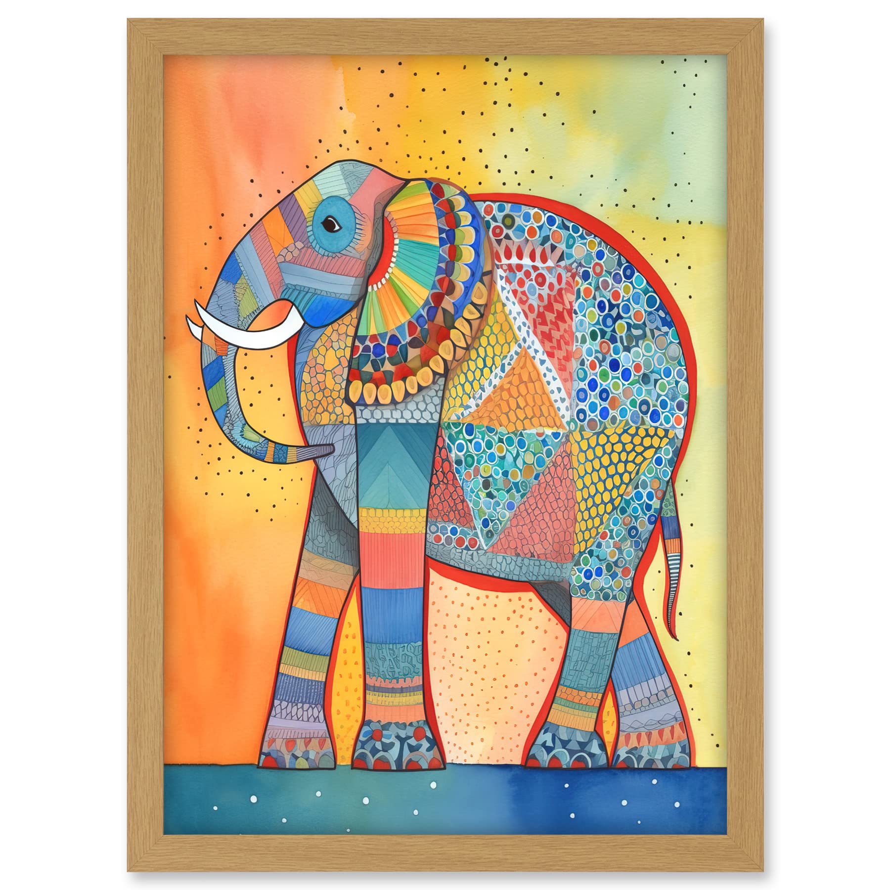 Artery8 Elephant With Geometric Patterns Folk Art Watercolour Painting Artwork Framed A3 Wall Art Print