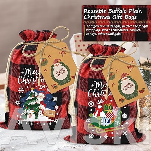 Miniatura 4 de 72 bolsas de algodón con cordón de Navidad, bolsas de regalo de Navidad a cuadros, bolsas de algodón para dulces de Navidad, bolsas pequeñas de tela