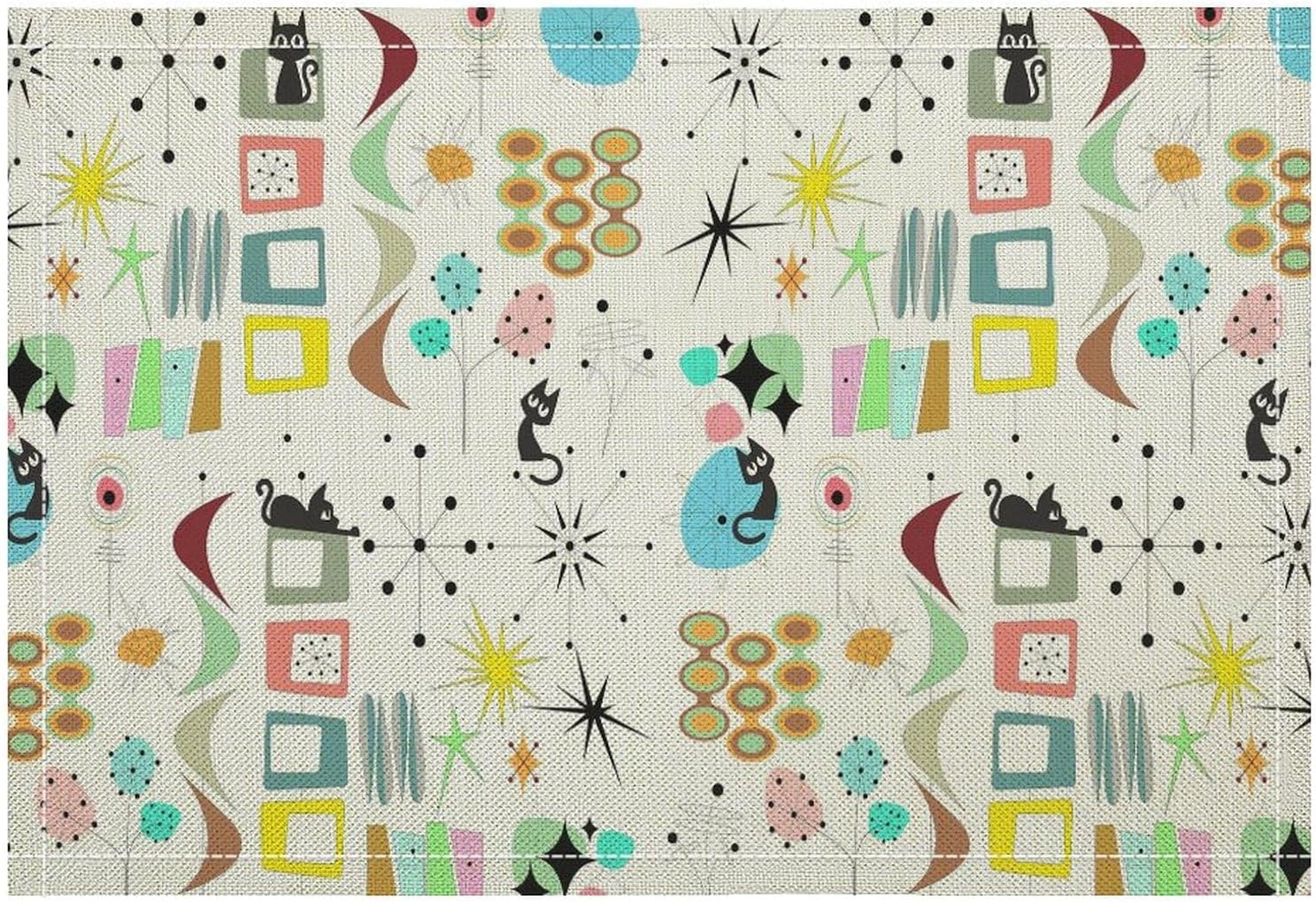 Mid Century Black Cat Modern Placemats Set of 6，Abstract Style Colorful Geometric Atomic Star Linen Placemats for Kitchen Dining Room Holiday Decoration 12X18inch