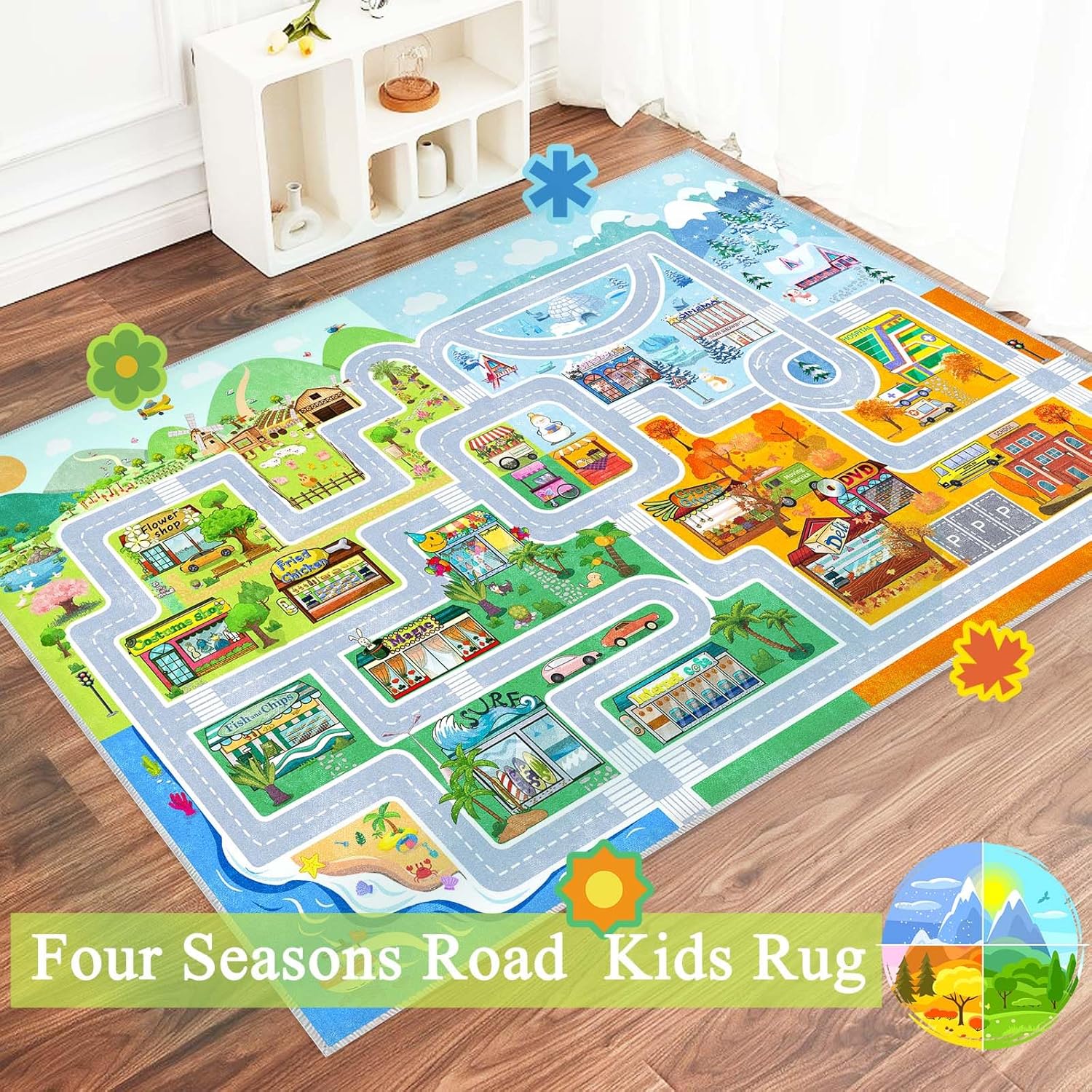 Kids Car Rug Play Mat, 63''x94'' Kids Rugs for Bedroom, Kid Playroom Rug Rectangular Washable Non-Slip Backing Road Rugs，Ideal Gift for Children Baby Bedroom Play Room.