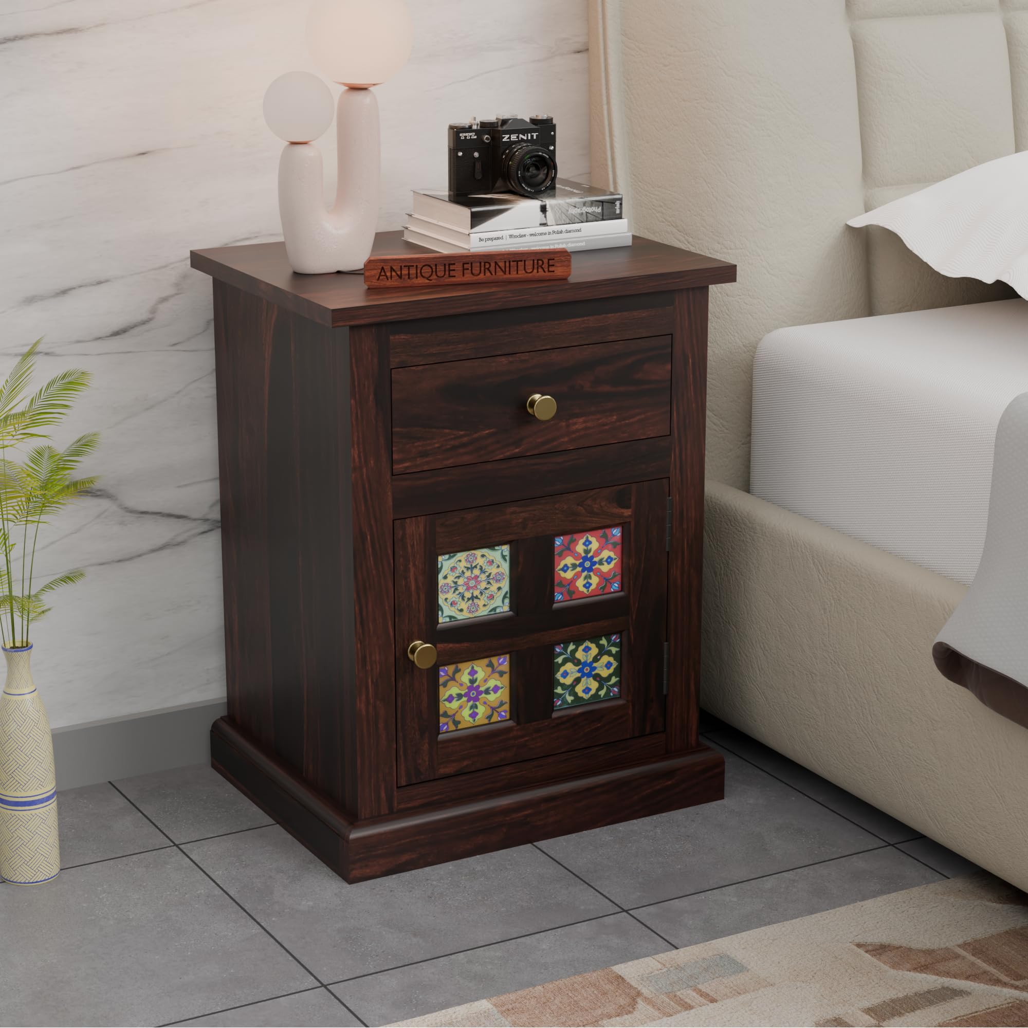Solid Wood Bedside Table with Drawer & Cabinet Storage | Modern Nightstand for Bedroom | Wooden Side End Table (Walnut Finish-A)-image-33