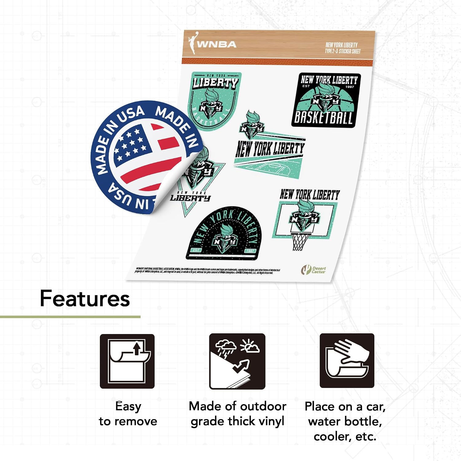 Desert Cactus New York Liberty Sticker WNBA Officially Licensed Sticker Vinyl Decal Laptop Water Bottle Car Scrapbook (Type 2-3)