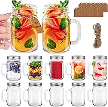 8 oz Mason Jars with Handle 12Pack, Jaisie.W Empty Small Mason Jar Mugs with screw top lids with rubber seal- Mason Jars 8 oz with Silver Lids for Drinks/Canning/Preserving/Meal Prep (8 fl.oz, Set of 12)