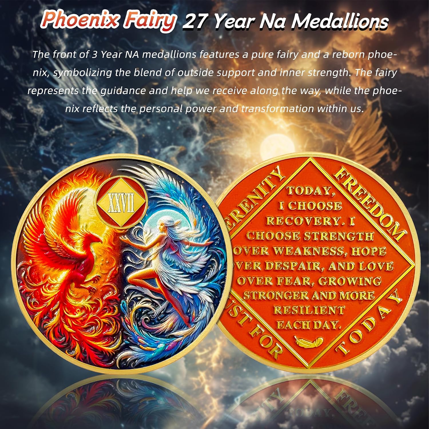 Phoenix Fairy 27 Year Na Medallions - Sun and Moon Sobriety Coin - 27 Years Recovery Addiction Token - Celebrate Clean and Sober Chip - 0-20 Prime Narcotics Anonymous Gifts for Men Women