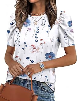 Blouse for Women Dressy Casual Puff Short Sleeve Boho Tops Fashion Floral Crew Neck Tunic Shirts Summer Clothes