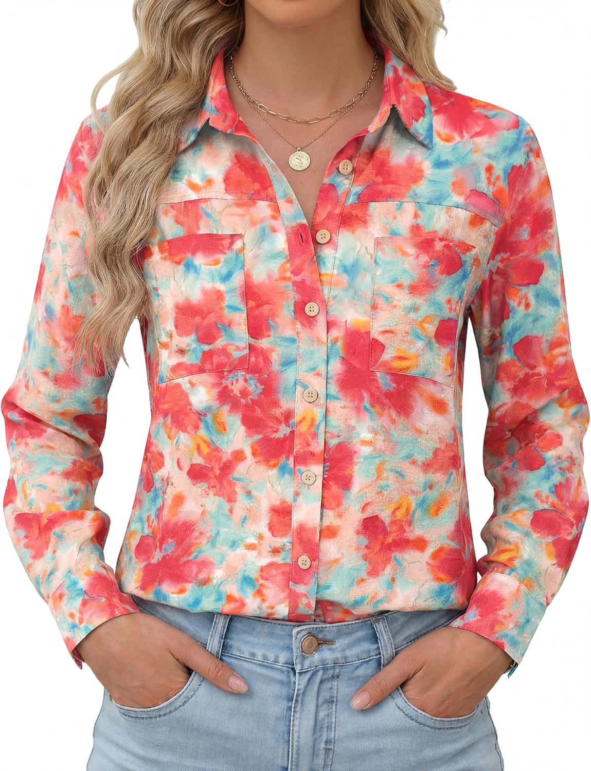 Kistore Womens Button Down Shirts Striped Linen Long Sleeve Blouses Business Casual Office Work Tops Loose Fit with Pockets