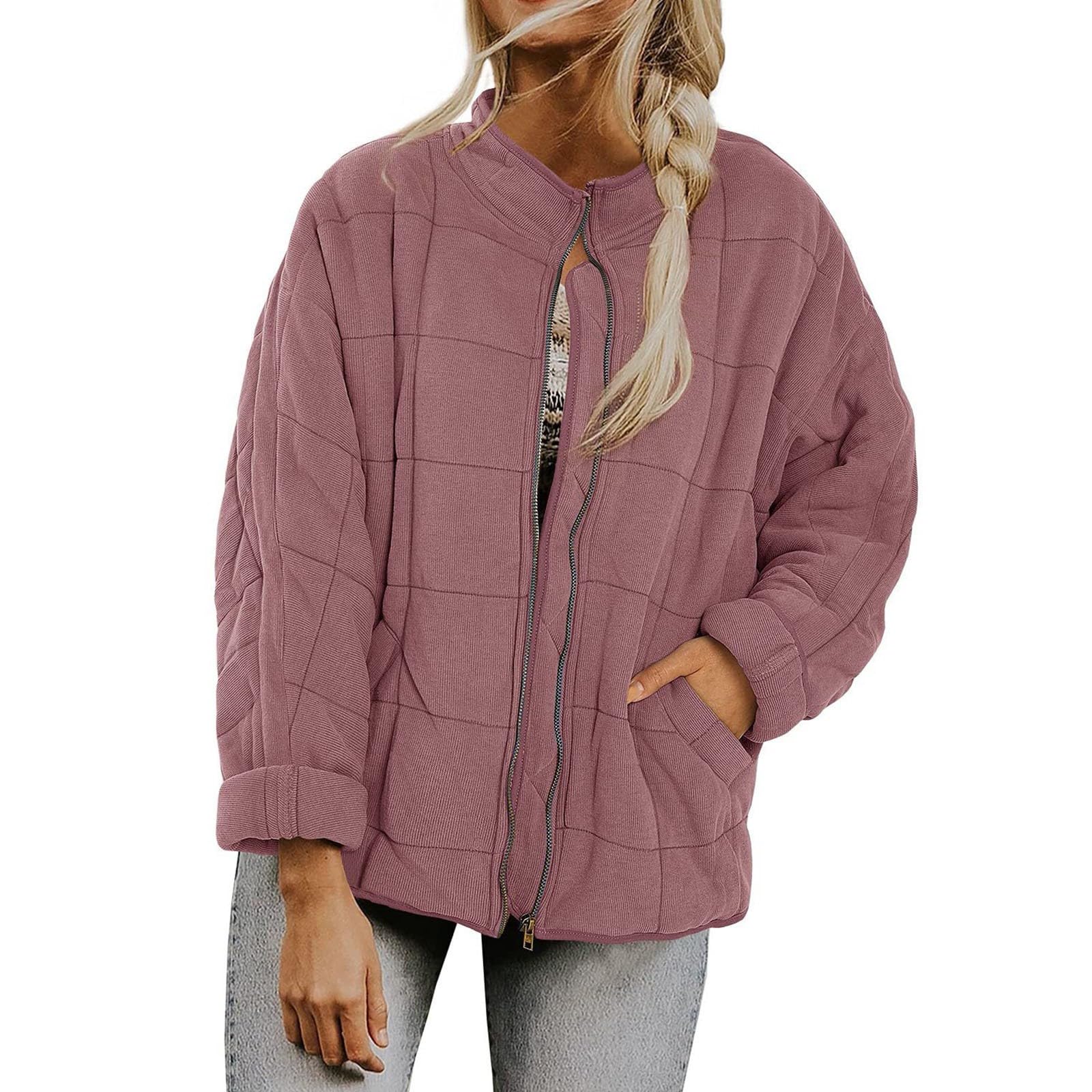 Quilted Jacket Womens Full Zip Padded Coat Fall Winter Lightweight Puffer Jacket Outerwear Solid Color Long Sleeve Casual Warm Short Down Jacket Outdoor Windproof Jackets with Pockets