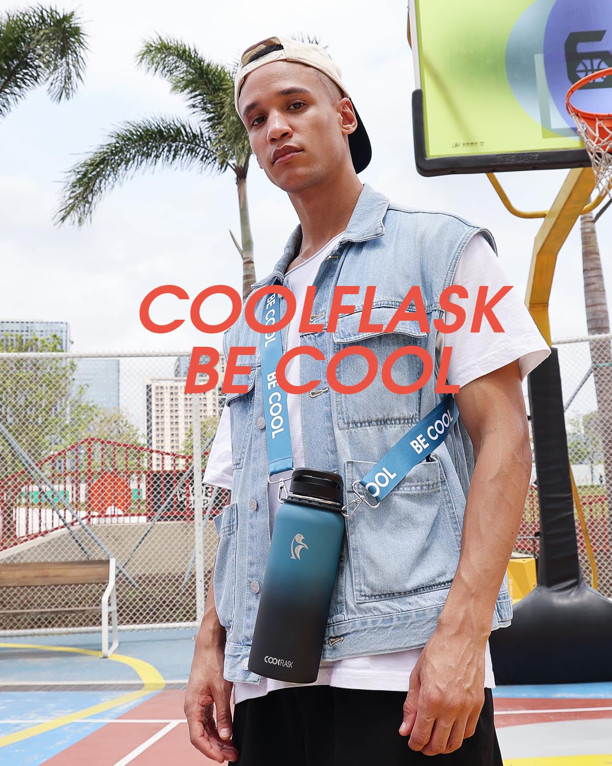 Coolflask Bouteille d'eau isotherme de 1183 ml avec sangle, carafe à eau en acier inoxydable avec paille et bouchon verseur, grande bouteille d'eau en métal, anti-fuite et sans BPA, noir indigo