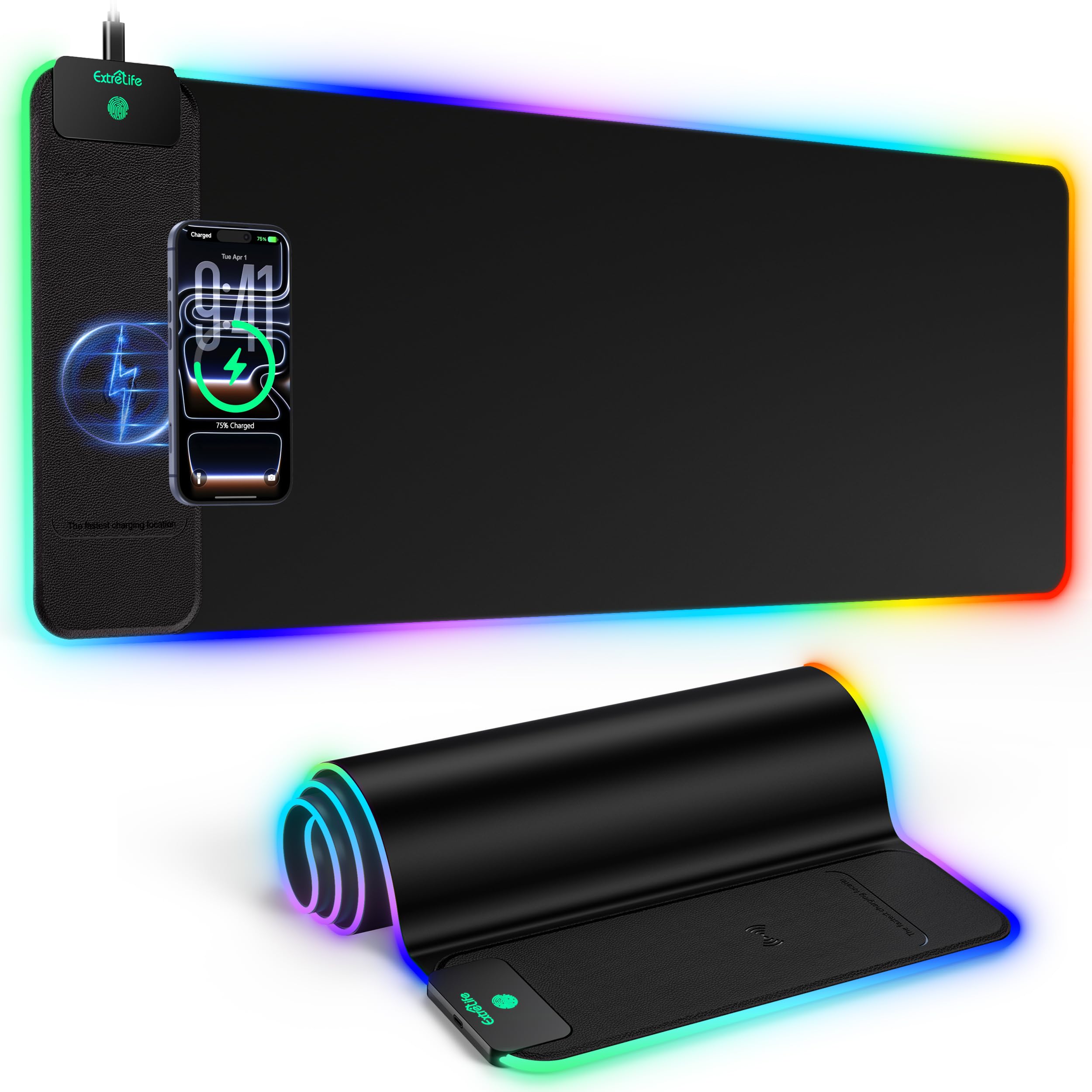Tappetino per mouse con ricarica wireless da 15 W, tappetino per mouse da gioco RGB, tappetino da scrivania XXL da 80 x 30 cm, 16 modalità di illuminazione, tappetino per tastiera con base in gomma
