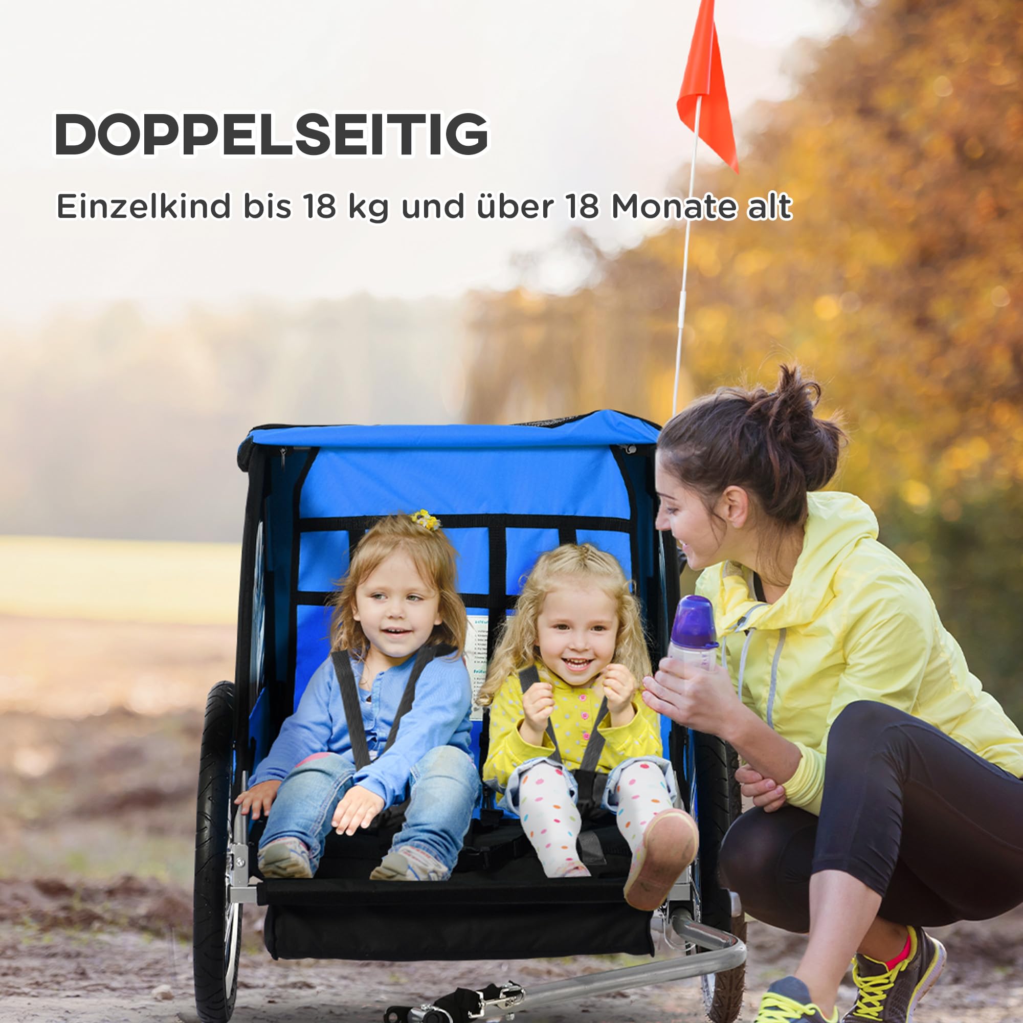 HOMCOM Kinderanhänger Kinderfahrrad geeignet für 2 Kinder, Stahlrahmen, Sitzträger mit Sicherheitsgurt, für Kinder ab 18 Monaten, Oxford-Gewebe, Stahl, 126x78x79 cm, Orange+Blau