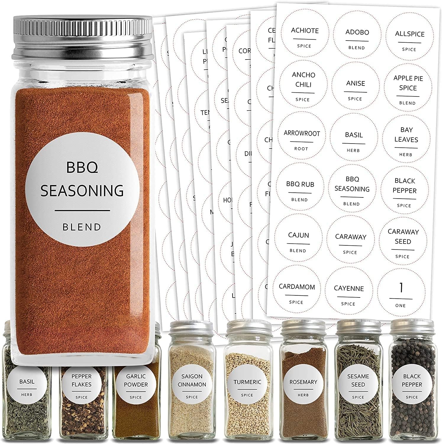 Premify 144 Spice Jar Labels | 127 Preprinted White Round & 17 Empty | Water Resistant Stickers for Kitchen Organization | Seasoning, Herb & Spice Rack