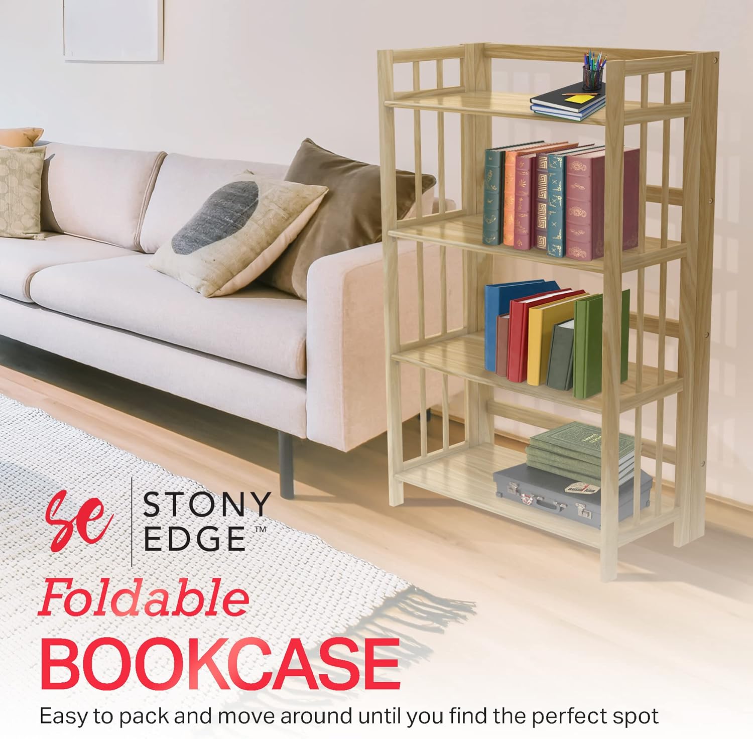 STONY EDGE 4-Tier Folding Bookshelf | Natural Wood Finish | 45x32x11.5 Inches | Book Shelf for Books and Trinkets | No Assembly Required | Foldable & Small Bookshelf for Home and Office
