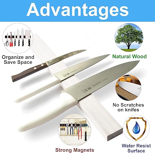 Miniatura 2 de Tira magnética para cuchillos de madera blanca de 16 pulgadas, uso como soporte magnético para cuchillos para pared, tira magnética para cuchillos,