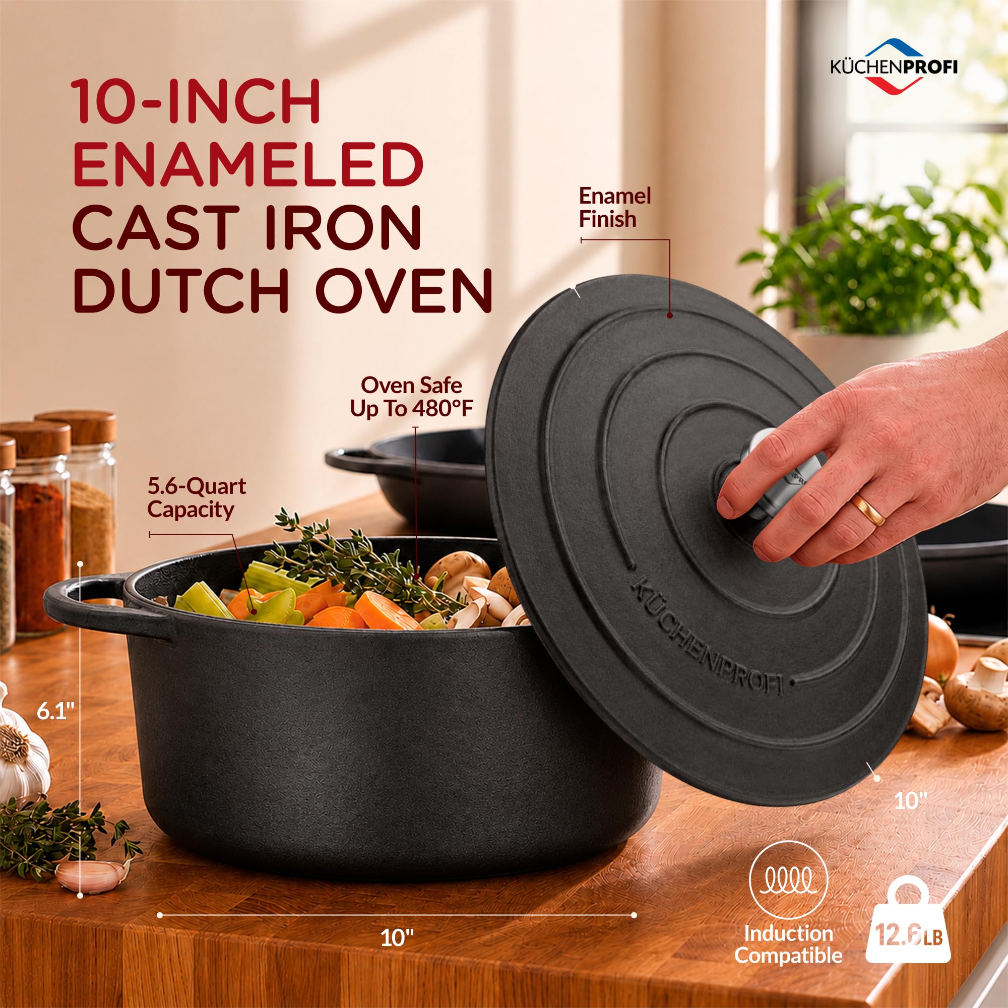Küchenprofi Bratentopf PROVENCE rund emailliertes Gusseisen mit Deckel schwarz, für alle Herdarten und Induktion, energiesparend, aromaschonend - Fassungsvermögen: 5,3l, Durchmesser: 26 cm, 401001026