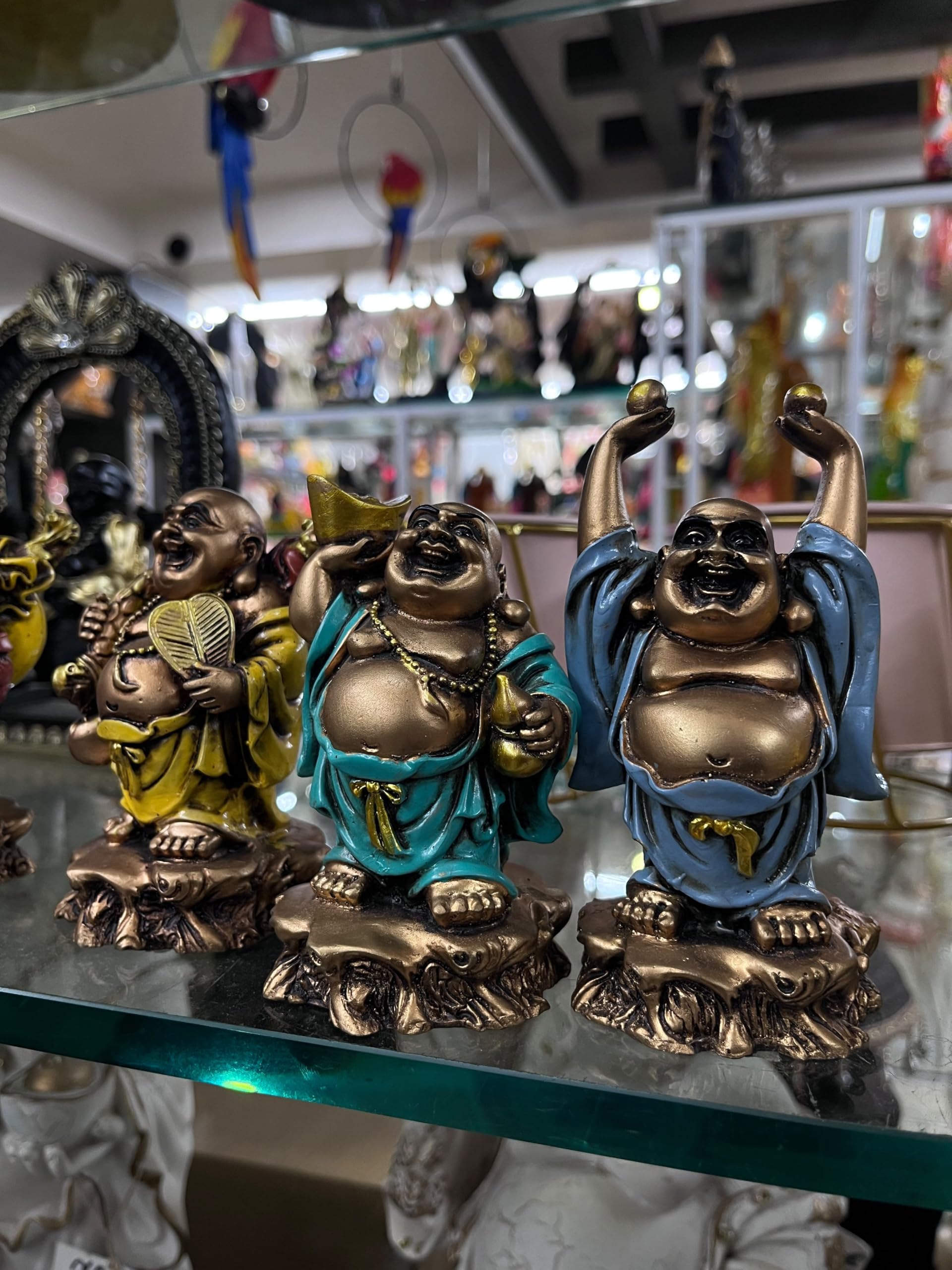 Laughing Buddha Figurine Set of 3, Multicolour Resin Statues | Feng Shui Decor, Gold Finish, Home & Office Use, Collectible Figurines, Spiritual Decor-image-31