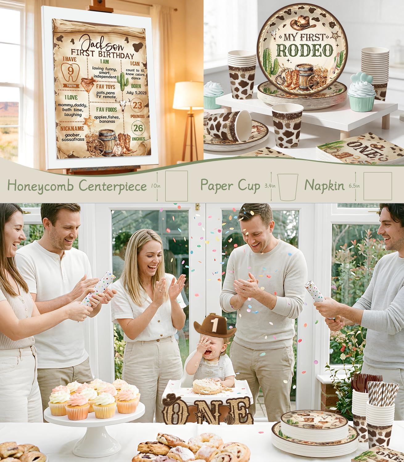 258pcs My First Rodeo Decorations Boy for 25 Guests, Worry-free One-stop Set, with Banner Thick Plates and Cupcake Toppers, Easy Setup for 1st Rodeo Birthday Party