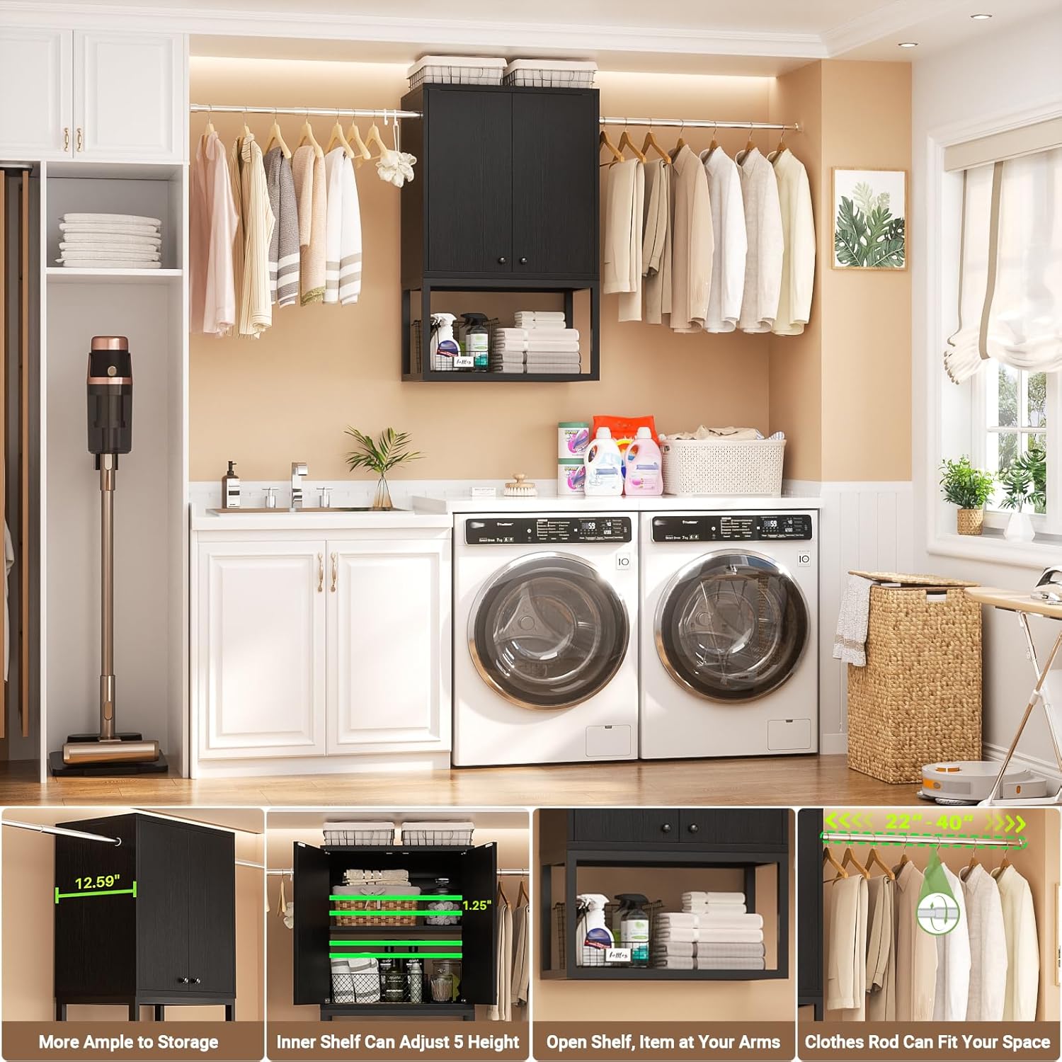 Homieasy Wall Cabinet with 2 Hanging Rods, 67'' Wide Laundry Wall Cabinet with 2 Doors, Open Rack & Adjustable Inner Shelf, Storage Cabinet Wall Mounted for Laundry & Bathroom, Black