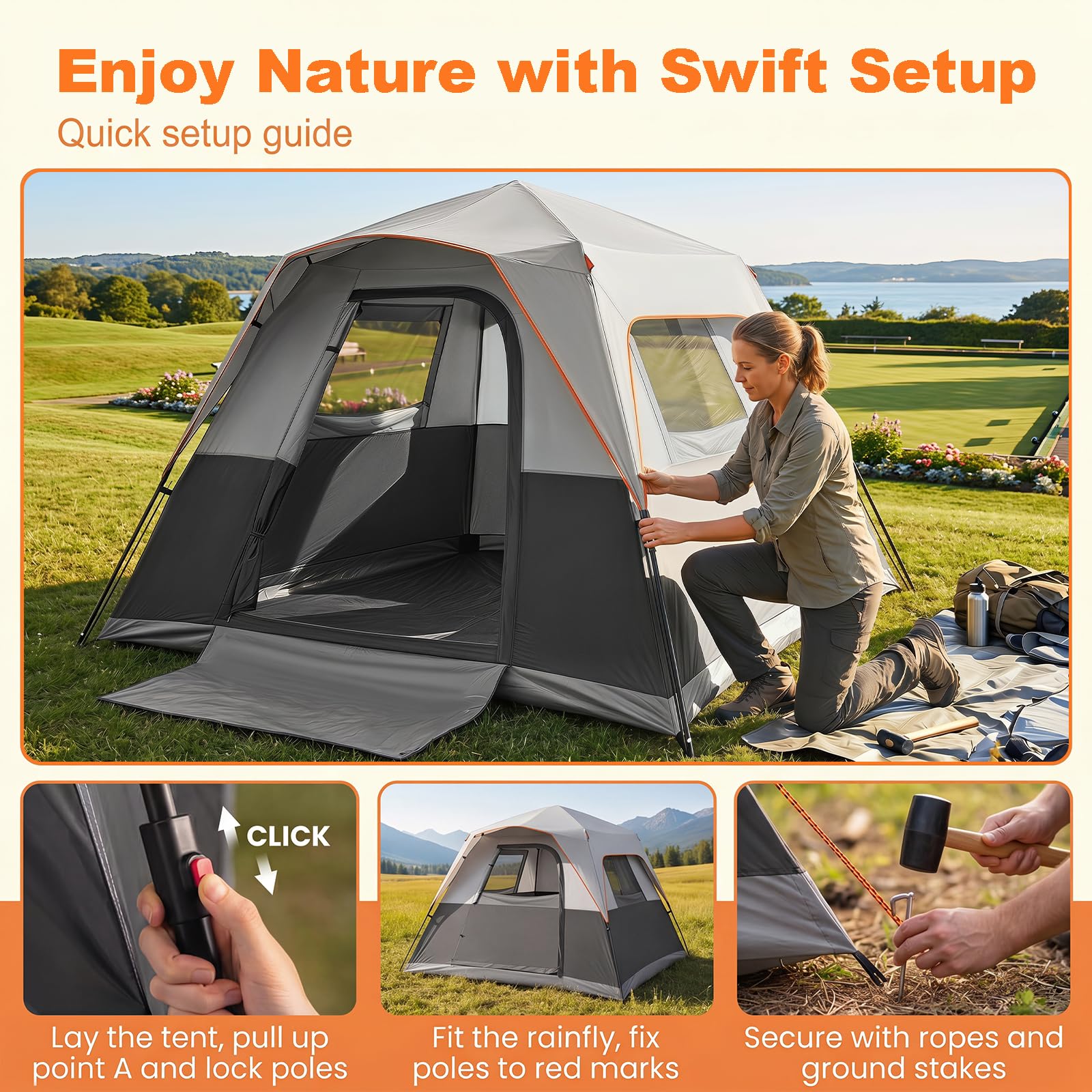 HOMASIS Tenda da Campeggio per 5-6 Persone, 276 x 275 x 185 cm | Tenda a Cabina da Esterno Impermeabile con Porta, Finestre e Lucernari in Rete, Borsa da Trasporto, per Viaggi e Escursionie