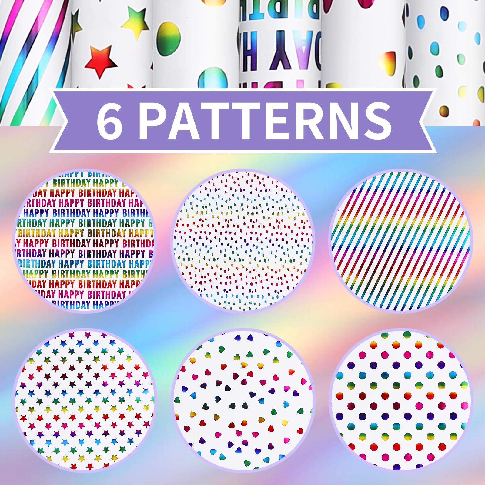 cuskena Geschenkpapier-Set, 6 Rollen – 43,2 x 304,8 cm pro Rolle – verschiedene Designs und Farben, bedrucktes Seidenpapier, Geschenkboxen, buntes Folienpapier (mehrfarbig)