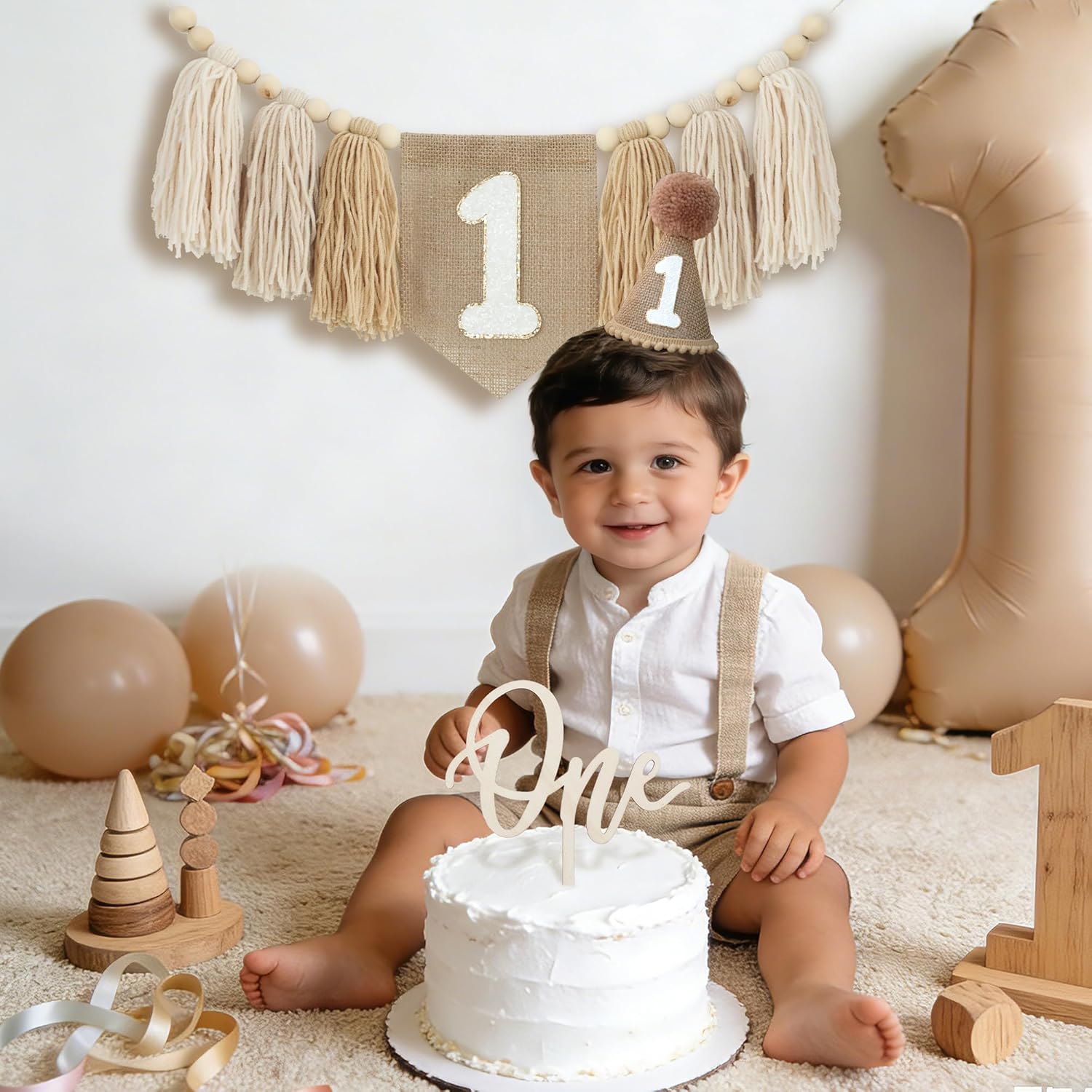 Boho Nude 1st Birthday Highchair Wood Bead Tassel Garland Conical Cap Wooden Cake Topper For Boys